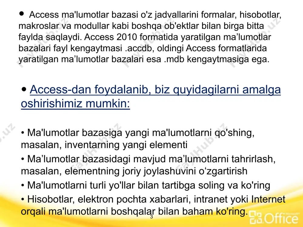 r qiladi. jadval dizayn ko'rinishida ochiladi va uning xususiyatlari jadvalning xususiyatlar varag'ida o'rnatiladi. masalan, jadval sukut bo'yicha qanday ko'rsatilishini belgilash uchun jadvalning "default view" xususiyatini o'rnatish mumkin. table mulkasi jadval va maydon xossalari 13 maydon xususiyati maydon xarakteristikalaridan birini yoki maydon xatti-harakatlarining jihatini belgilaydi va ma'lumotlar jadvali ko'rinishi orqali jadvalning ma'lum bir maydoniga qo'llaniladi. maydon xususiyatlari panelidan foydalanib, dizayn ko'rinishida istalgan maydon xususiyatini ham o'rnatish mumkin. dala mulk 14 qaysi turdagi ma'lumotlarni saqlashi mumkinligini aniqlaydigan maydonning xarakteristikasi. masalan: ma'lumotlar turi matn bo'lgan maydon matn yoki raqamli belgilardan iborat ma'lumotlarni saqlashi mumkin, lekin raqam maydoni faqat raqamli ma'lumotlarni saqlashi mumkin. 15 saralash va filtrlash guruhi ma'lumotlarning kichik to'plamini ko'rsatish yoki ma'lumotlarni saralash uchun ma'lumotlarga qo'llaniladigan mezonlar to'plami. access-da ma'lumotlarni filtrlash uchun siz tanlash bo'yicha filtrlash va shakl bo'yicha filtrlash kabi filtrlash usullaridan foydalanishingiz mumkin. masalan : tegishli menyu buyruqlarini bosish orqali faqat tug'ilgan kuni ma'lum bir oyga to'g'ri keladigan odamlarning yozuvlarini …