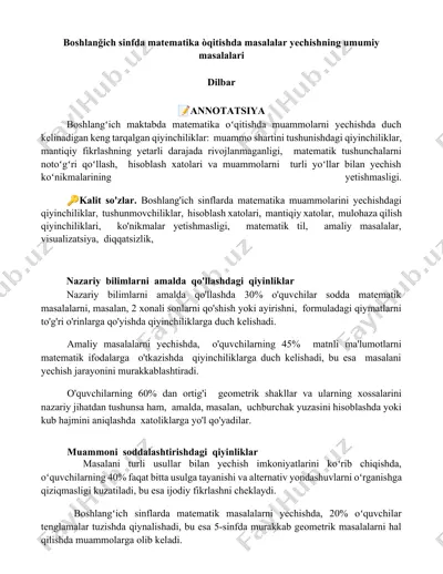 boshlang'ich sinfda matematika oʻqitishda masalalar yechishning umumiy masalalari — DOCX