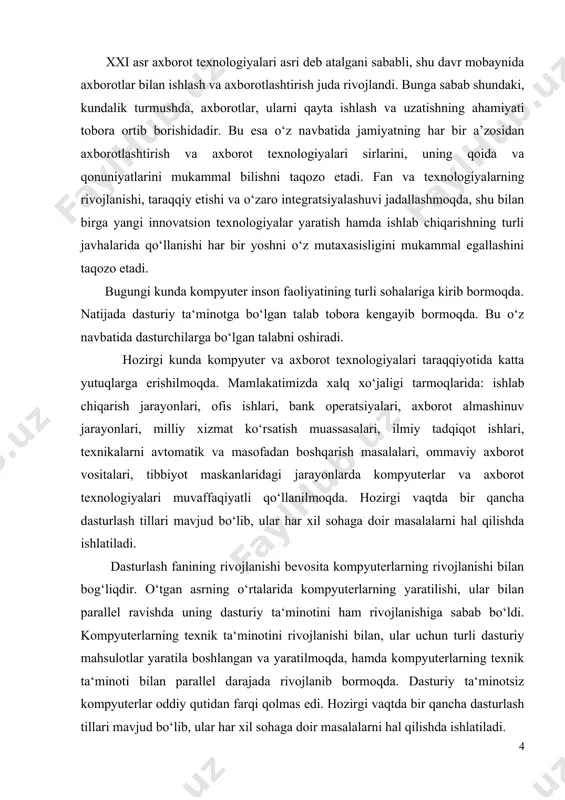 i mavjud, lekin qo’llanilishi ko’lamiga qarab delphi, java, c++ va c# dasturlash tillari yuqori dasturlash sinfiga mansubdir. keyingi yillarda amaliy dasturchilarga juda ko’p integratsion dastur tuzish muhitlari taklif etilmoqda. bu muhitlar u yoki bu imkoniyatlari bilan bir-biridan farq qiladi. aksariyat dasturlashtirish muhitlarining fundamental asosi, c# dasturlash tiliga borib tarqaladi. demak, bundan ko’rinib turibdiki, c# dasturlash tilini har bir bosqichlarni alohida o’rganib chiqishimiz lozim. kurs ishining dolzarbligi: ushbu kurs ishi hozirgi kunda kompyuterda berilgan masalalarni dasturlash tillari orqali yechishda va turli qiyinlikdagi amallarni bajarishni o’z ichiga oladi. kurs ishining maqsadi: c# dasturlash tilida dasturlash jarayonida metodlardan foydalanib ishlash. kurs ishining nazariy va amaliy ahamiyati: c# dasturlash tilida parametrlarlar bilan ishlash haqida yosh dasturchilarga ma’lumot yetkazib berishdan iborat. kurs ishining tarkibi: kurs ishiga kirish, 2 bob, xulosa, foydalanilgan adabiyotlar ro’yhati, ilovadan iborat. i.bob.nazariy qism 1.1 c# dasturlash tili va uning tarixi c# dasturi 90 yillarning oxirida ishlab chiqilib microsoft .net ning bir …