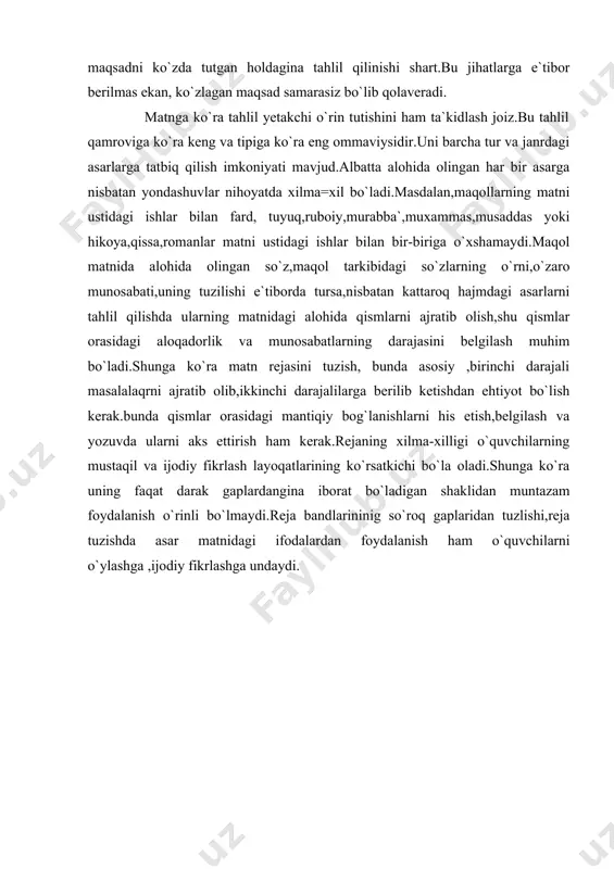 yot bo`lish kerak.bunda qismlar orasidagi mantiqiy bog`lanishlarni his etish,belgilash va yozuvda ularni aks ettirish ham kerak.rejaning xilma-xilligi o`quvchilarning mustaqil va ijodiy fikrlash layoqatlarining ko`rsatkichi bo`la oladi.shunga ko`ra uning faqat darak gaplardangina iborat bo`ladigan shaklidan muntazam foydalanish o`rinli bo`lmaydi.reja bandlarininig so`roq gaplaridan tuzlishi,reja tuzishda asar matnidagi ifodalardan foydalanish ham o`quvchilarni o`ylashga ,ijodiy fikrlashga undaydi. adabiyotlar: 1.karimoiv i.yuksak ma`naviyat-yengilmas kuch.t.,2008. 2.barkamol avlod orzusi.t.,2000. 3.yo`ldoshev q.adabiyot o`qitishning ilmiy-nazariy asoslari. t., 1996 4.mirqosimova m. o`quvchilarda adabiy tahlil malakalarini shakllantirish.t.a.t. 2001-y, 5-son 5.jalolova l. o`quvchilarda a.qodiriy asarlari tilini o`rgatish. t.a.t. 1999-y 2-son 6.turdiyeva k.asar sujet va kompozitsiyasi haqida. t.a.t. 2001-y, 3-son