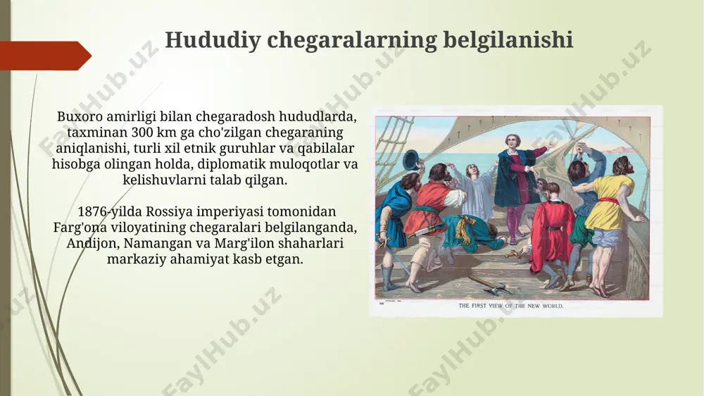rning 3 ta asosiy qoʻshin guruhi buxoro, samarqand va margʻilon shaharlarini himoya qilishga mas’ul edi. farogʻat davlati qurolli kuchlari, yaʼni harbiy qudrat, dastlab 5000 ga yaqin askardan iborat boʻlib, asosan janubiy viloyatlar, xususan qashqadaryo va surxondaryo hududlaridan yigʻilgan edi. davlat boshqaruvi tizimi farogʻat davlatining boshqaruv tizimi 3 ta asosiy viloyatga — sharqiy farogʻat, gʻarbiy farogʻat va markaziy farogʻatga boʻlingan boʻlib, har bir viloyatda 5 dan ortiq mahalliy hokimiyat organlari faoliyat yuritgan. davlatning moliyaviy siyosati 10 ta asosiy soliq turi va 2 ta katta davlat jamgʻarmasi — taʼlim va sogʻliqni saqlash jamgʻarmalari asosida qurilgan. buxoro shahri esa asosiy moliyaviy markaz boʻlgan. siyosiy tuzumning shakllanishi siyosiy tuzumning asosiy tamoyillari 5 ta asosiy qoidaga asoslangan bo'lib, ular mahalliy aholi an’analari va shariat qonunlarini hisobga olgan. farog‘at davlatining hududiy chegaralari aniqlanishi 1925-yilgi qaror bilan tasdiqlangan, qarshi va samarqand viloyatlari chegaralarini o'z ichiga olgan. e'tiboringiz uchun rahmat @taqdimot_robot image1.jpg image2.jpg image3.jpg image4.jpg image5.jpg image6.jpg image7.jpg …