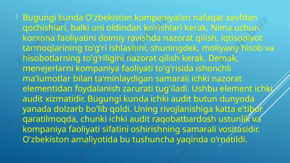 ik qilish; ichki audit xizmati faoliyatini tashkil etish bilan bog‘liq idoraviy normativ–huquqiy hujjatlar va boshqa tegishli hujjatlarni ichki audit milliy standartlariga muvofiq ishlab chiqilishini tashkil etish va ijrosini nazorat qilish; ichki audit xizmatiga malaka talablariga javob beradigan, bilimli va malakali xodimlarni jalb etish va ularning ish faoliyati ustidan nazorat o‘rnatish; ichki audit xizmati xodimlarini belgilangan tartibda va muddatlarda malakasini oshirishni ta'minlash; ichki audit faoliyati bilan bog‘liq vazifalar ijrosi yuzasidan vazirlik va idora rahbari hamda vakolatli davlat organiga belgilangan tartibda muntazam ravishda hisobot berib borilishini ta'minlash; ichki audit xizmati faoliyatining tegishli normativ–huquqiy hujjatlarga muvofiqligini ta'minlash hamda ichki audit xizmati faoliyatini takomillashtirish va samaradorligini oshirish bo‘yicha vazirlik va idora rahbariga taklif kiritish. xulosa shunday qilib, yuqorida aytilganlarning barchasini sarhisob qilsak, shuni aytishimiz mumkinki, ichki audit doimiy, kelajakka yo'naltirilgan jarayon bo'lib, u biznes jarayonlarini, biznes va moliyaviy risklarni boshqarish va boshqarish tizimlarining samaradorligini baholashdan iborat. faqat o'zbekistonda rivojlanayotgan holda kompaniyaning rivojlanish maqsadlariga erishishga …