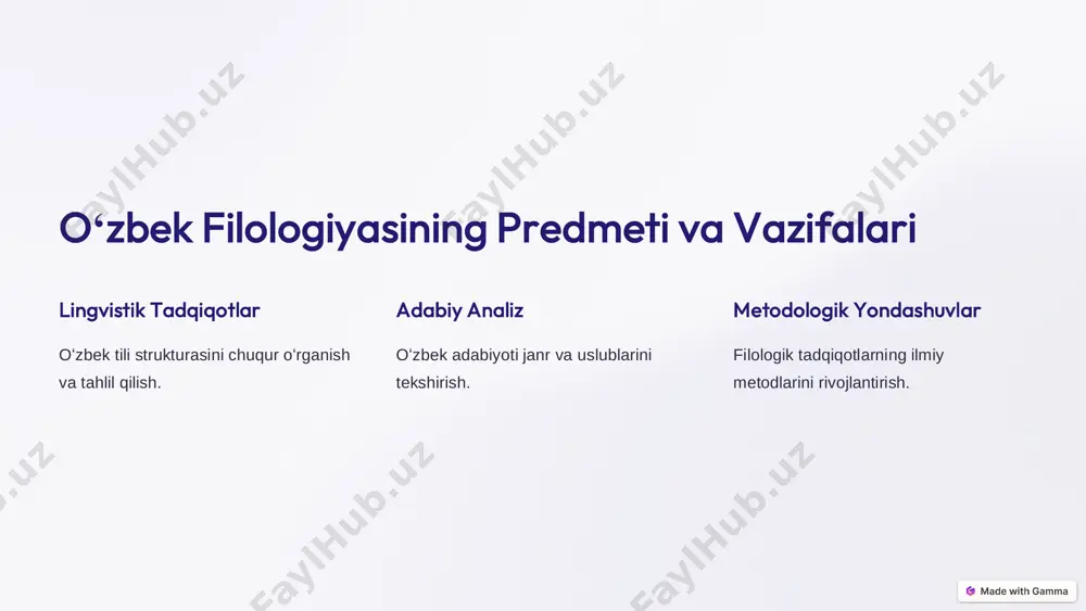 qiyosiy- tarixiy tadqiqotlar tarixiy tahlil tillarning tarixiy rivojlanish bosqichlarini oʻrganish. qiyosiy lingvistika turli til tizimlarini solishtirib tekshirish. diaxronik yondashuv tillarning vaqt oʻtishi bilan oʻzgarishini kuzatish. https://gamma.app/?utm_source=made-with-gamma preencoded.png oʻzbek filologiyasida nazariy-metodologik yondashuvlar kognitiv yondashuv tilning ong va tafakkur bilan bogʻliqligi. pragmatik tahlil kommunikativ kontekstlarni oʻrganish. diskurs tadqiqotlari nutq va matnlarni kompleks tahlil qilish. https://gamma.app/?utm_source=made-with-gamma preencoded.png oʻzbek filologiyasida axborot- kommunikatsiya texnologiyalarining qoʻllanilishi korpus lingvistikasi elektron til resurslarini yaratish. raqamli arxivlash filologik materiallarni digitallashtrish. avtomatlashgan tarjima til texnologiyalarini rivojlantirish. https://gamma.app/?utm_source=made-with-gamma preencoded.png oʻzbek filologiyasining istiqbollari 1 global integratsiya xalqaro ilmiy hamjamiyatga yaqinlashish. 2 innovatsion metodlar zamonaviy tadqiqot texnologiyalarini joriy etish. 3 interdistsiplinar yondashuvlar turli soha mutaxassislarining hamkorligi. https://gamma.app/?utm_source=made-with-gamma slide 1 slide 2 slide 3 slide 4 slide 5 slide 6 slide 7 slide 8 slide 9 slide 10