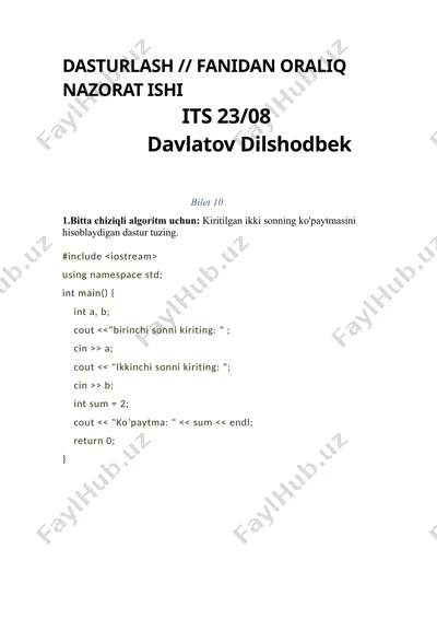 dasturlash fani oralig'i nazorat ishi — DOC