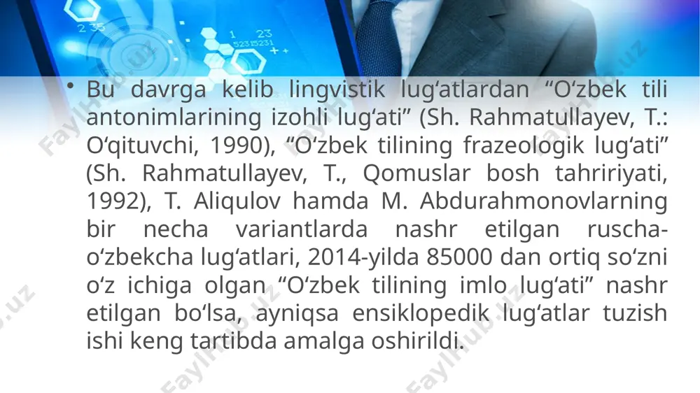 g. ibragimova. – toshkent, 2019. o‘zbek tilining izohli lug‘ati. 5 tomlik. i t. (t.: “o‘zbekiston milliy ensiklopediyasi” davlat ilmiy nashriyoti, 2006-y. -680-b.), ii t. (2006-y. -672 b.), iii t. (2006-y. -688 b.), iv t. (2008-y. -608 b.), v t. (2008-y. -592 b.). bektemirov h., begmatov e. mustaqillik davri atamalari. - toshkent, 2002. dadaboev h. tarixiy harbiy terminlar lug‘ati. - toshkent, 2007. omonturdiyev a., xoliyorov o‘., qorjovova g. zamonaviy o‘zbek leksikografiyasi: tahlil va tadqiq. – termiz, 2016. hojiyev a. tilshunoslik terminlarining izohli lug‘ati. toshkent: fan, 2002. e’tiboringiz uchun rahmat! 21 image2.png image3.png image4.png image5.png image6.png image7.png image8.jpeg image12.png image13.png image14.png image11.png image15.wmf image16.wmf image1.jpeg /docprops/thumbnail.jpeg