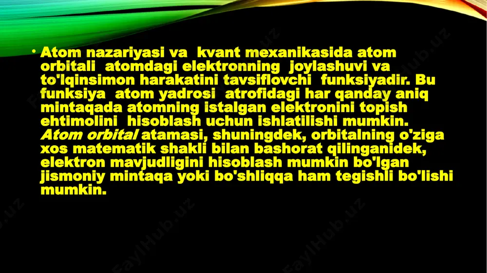 nksiyalarini yaqinlashish uchun boshlang'ich nuqta sifatida ishlatiladigan funksiyalarni anglatadi. orbitallar uchun tanlangan koordinatalar tizimi odatda atomlarda sferik koordinatalar (r, θ, φ) va koʻp atomli molekulalarda dekart (x, y, z) hisoblanadi. bu erda sferik koordinatalarning afzalligi shundaki, orbital to'lqin funksiyasi uchta omilning har biri bitta koordinataga bog'liq bo'lgan ko'paytmasidir: ψ(r, θ, φ) = r(r) θ(θ) φ(φ) . atom orbitallarining burchak omillari d θ(θ) φ(φ) s, p, d va boshqalarni hosil qiladi. yℓm(θ, φ) sferik harmonikalarning haqiqiy birikmalari vazifasini bajaradi (bu yerda ℓ va m kvant sonlari). radial funksiyalar uchun odatda uchta matematik shakl mavjud ko'p elektronli atomlar va molekulalarning xususiyatlarini hisoblash uchun boshlang'ich nuqta sifatida tanlanishi mumkin bo'lgan r(r) orbital turlari murakkab orbitallar fizikada eng keng tarqalgan orbital tavsiflar vodorod atomining eritmalariga asoslanadi, bu erda orbitallar radial funksiya va sof sferik garmonik o'rtasidagi mahsulot bilan beriladi. kvant raqamlari va ularning mumkin bo'lgan qiymatlarini tartibga soluvchi qoidalar quyidagicha: asosiy kvant soni n …