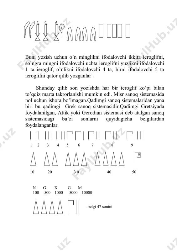 pona) yordamida sonlarni ifodalashgan. eng ko’p tarqalgan sanoq sistemasi bu 10 lik sanoq sistemasidir. bu birinchi bo’lib hindistonda asrda vujudga kelib , keyin arablar orqali yevropaga tarqalgan. hozirgi paytda ham jahonda 10 lik sanoq sistemasidan keng foydalanilyapti. bu sistemaning dastlabki sonlari ; [ 0; 1; 2; 3; 4; 5; 6; 7; 8; 9] lar bu to’plam o’nlik sanoq sistemasining “alfavit”idir. ta’rif: n natural sonning n=nk(10k+nk-1(10k-1+…+n1(10+n0 ko’rinishdagi yozuviga sonning 10 lik sanoq sistemasidagi yozuvi deb aytiladi. bunda nk, nk-1, …n0 , -lar manfiy bo’lmagan butun sonlar bo’lib, 0,1,2,3,4,5,6,7,8,9 raqamlaridan birortasini ifodalovchi sonlardir. sonning unli sanoq sistemasidagi yozuvini qisqacha n= nk, nk-1, …n0 , deb yozadilar. masalan: 3749=3·103+7·102+4·10+9 xuddi sonning o’nlik sanoq sistemasidagi yozuvi singari istalgan natural sonni q lik sanoq sistemasida quyidagi yig’indi shaklida ifodalash mumkin: n=nk(qk+nk-1(qk-1+…+n1(q+n0 (nk(0) , bunda 0( nk( q-1 0 (nk-1(q-1 …………… 0(n0(q-1. bu yozuvni qisqacha quyidagicha yozish ham mumkin: n=nknk-1…n0 (q) masalan: n=475(8)-bu son sakkizlik sanoq …