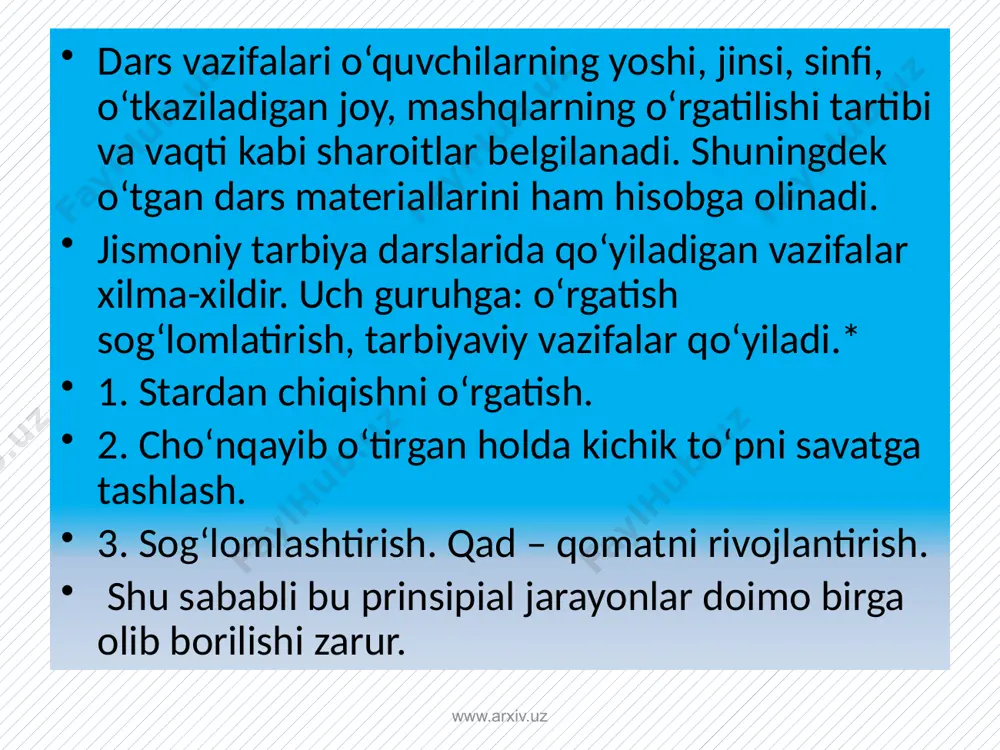ga, o`qituvchiga maslahat lozim bo`lsa tavsiya va ko`rsatmalar berish. 3. tahlilchini dars boshlanguncha bajaradigan ishlari. tahlil uchun darsni kuzatilishini boshlanguncha tahlilchi sinfning pedagogik harakteristikasi, o`quvchilarning yoshi, jismoniy rivojlanganligi, jismoniy tayyorgarligi ko`rsatkichlari, sog’ligini holati, o`zlashtirish natijalarini o`rganadi. o`qituvchining umumiy va kasbi bo`yicha ish staji haqida umumiy bo`lsada ma'lumot oladi. darsning o`tkazish joyi, muddati, darsni mavzulari, reja grafigi bo`yicha tartib nomeri, ro`yxat bo`yicha sinf o`quvchilarining (qizlar, bolalar) sonini, darsning jadval bo`yicha nomeri, darsni boshlanishi va tugallanishi muddatlarini qilish shart. 4. o`quvchilarni dars davomidagi intizomi, xulqi, o`zla-rini tutishi vu ularning faoliyatini tashkil qilishni o`zlashtirishni taxlili dars intizomini buzilish sabablari darsga o`qituvchini munosabati; o'qituvchining ko`rsatma va buyruqlarini ishorasi darsda ularning navbatchilik va guruhlarga bosh bo`lishdek majburiyatlarini bajarishga munosabatlari. jismoniy mashqlarni bajarishga o`quvchilarni munosa-bati, materialga qiziqishini uyg’ota olish masalalari; o’quvchilarni mashq bajarishlarini baholash (ritm, surat, temp, intensivlik meyor); onglilik-faollik darajasi; 5. darsda o`qituvchining rahbarlik roli, o`zini tutishi va faoliyatini tahlili; rahbarlik roli: o`ziga ishonishi, qat’iyati, …