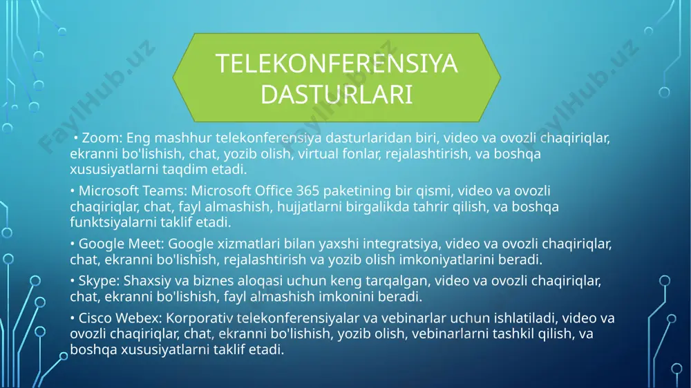 o‘p foydalanuvchilarni bir vaqtning o‘zida ulashadi? a) p2p telekonferensiya b) ko‘p tomonlama telekonferensiya c) telefon konferensiyasi d) video konferensiya 5. quyidagilardan qaysi biri telekonferensiyalarning afzalliklaridan biridir? a) faqat bitta ishtirokchi ishtirok etadi b) yuzma-yuz muloqotga nisbatan vaqt va xarajatlarni tejash c) faqat ovozli muloqot mavjud d) ishtirokchilarga faqat matnli aloqa imkoniyatini beradi 6. zoom dasturi qanday turdagi telekonferensiya turiga misol bo‘ladi? a) faoliyatni faqat telefon orqali olib borish b) video va audio telekonferensiya c) faqat video telekonferensiya d) faqat matnli konferensiya 7. audio telekonferensiyada quyidagilardan qaysi biri mavjud bo‘ladi? a) faqat ovozli aloqa b) yuzma-yuz ko‘rish c) video yozuvlar d) matnli xabarlar 8. quyidagi dasturlardan qaysi biri audio va video telekonferensiyalarni birgalikda taqdim etadi? a) skype b) facebook c) tiktok d) linkedin javoblar: 1. c 2. a 3. b 4. b 5. b 6. b 7. a 8. a trueconf online dasturini ro’yxatdan o’tkazish krossvordga o’tish xulosa xulosa qilib aytganda, …