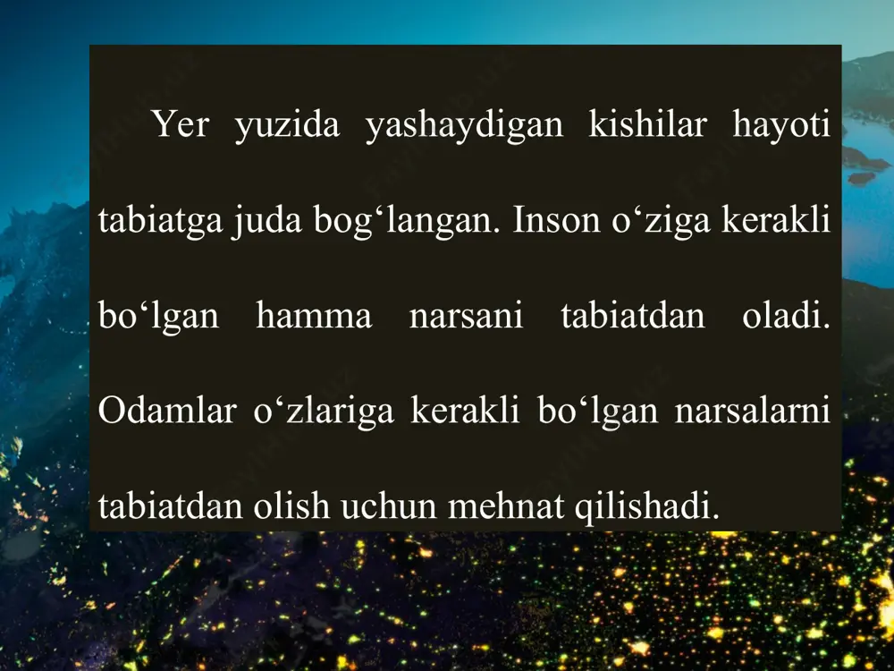 an: suvli muhit va quruqlik muhiti. suvli muhit yaxlit, shuning uchun uni dunyo okeani deb atashgan. materik — tektonik tuzilishiga ko‘ra bir butun yirik quruqlikdir. yer yuzida oltita materik bor: yevrosiyo, afrika, shimoliy amerika, janubiy amerika, antarktida va avstraliya. materiklarni o‘rganish afrikadan boshlanadi. chunki u tabiatining barcha xususiyatlariga ko‘ra takrorlanmas hamda o‘ziga xos bo‘lgan materikdir. so‘ng avstraliya, antarktida, janubiy amerika, shimoliy amerika va yevrosiyo ketma-ket o‘rganiladi. shuningdek, yer yuzi oltita qit’a — afrika, avstraliya, antarktida, amerika, yevropa va osiyoga ajratilgan. qit’a — kishilik jamiyatining taraqqiyoti davomida tarkib topgan tarixiy-madaniy tushunchadir. okeanlar. dunyo okeanining materiklar oralig‘idagi qismlari okean deyiladi. dunyo okeani to‘rt qismga bo‘linadi: tinch okean (180 mln kv km), atlantika okeani (91 mln kv km), hind okeani (76 mln kv km) va shimoliy muz okeani (14 mln kv km). olimlar beshinchi janubiy okeanni ham ajratadilar. dengiz, qo‘ltiq, bo‘g‘izlar okeanlarning kichik qismlaridir. qirg‘oq chizig‘i. okean yoki dengiz yuzasi bilan quruqlik yuzasi …