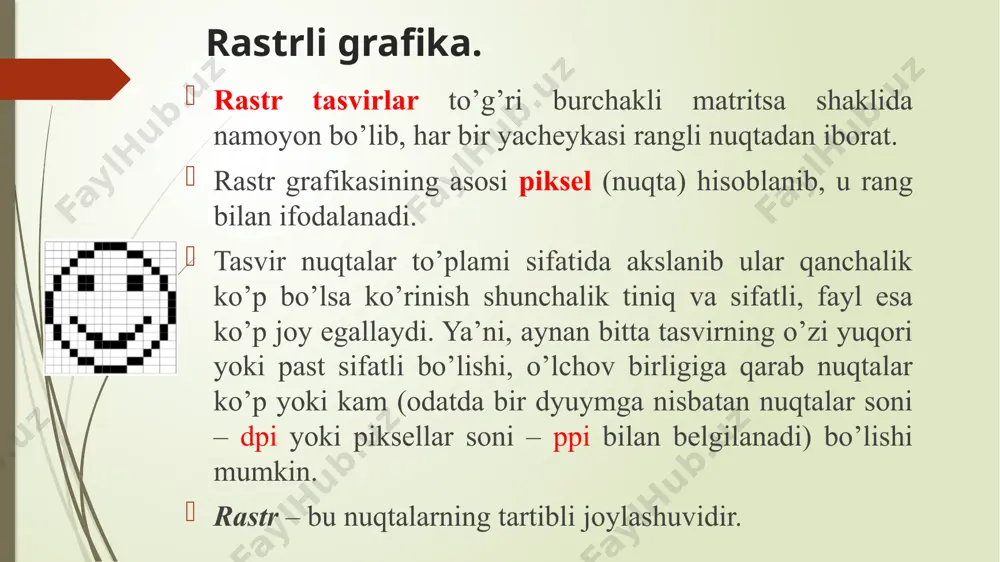 etapda bo’laklarni kichraytirish bilan birga ularni yo’nalishini ham o’zgartirilsa yanada boshqaroq kompozitsiya kelib chiqadi. afzalligi:  original va bejirim, fantastik tasvirlarni hosil qilish mumkinligi;  real hodisa va jarayonlarni (ilmiy grafikaviy) modellashtirishda qo’llash mumkinligi. kamchiliklari:  dasturlash tilining murakkabligi. turli dasturlash tillari (c, delphi, pascal va h.) ni bilish talab etiladi;  natijani oldindan baholashning qiyinligi. maxsus kompyuter dasturlari xuddi bir varaq oq qog’ozga qalam yoki ruchka bilan har xil rasmlarni solish singari kompyuter ekranida sichqoncha yordamida rasm chizish, ya'ni tasvir tuzish, tuzatish va ularni harakatlantirish imkonini yaratdi. bu dasturlar rasm solish programmalari yoki grafik redaktorlar hisoblanib, ular yordamida rasmning elementlari boshqarib boriladi. image1.png image2.png image3.png /docprops/thumbnail.jpeg