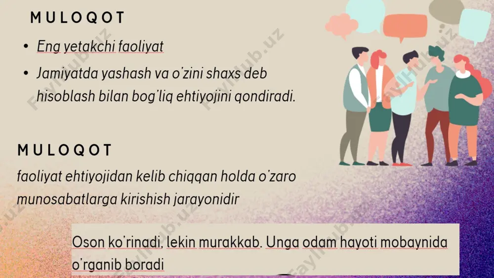 uyidagi ko`rinishlari: * muvaffaqiyatlarga erishish yoki mag’lubiyatlardan qochish bilan bog’liq yo’nalishdagi ijtimoiy ta’sir; * insonlarga doimiy ravishda intilish yoki ulardan qochish, hadiksirash bilan bog’liq xulq ko’rinishlari; * odamlar ustidan hukmronlik qilishga intilish yoki buysunishga moyillikni namoyon etuvchi harakat ko’rinishlari; * o’ziga ishonch yoki hamisha o’zgalar oldiga nochorlikni his qilish. dolzarb ijtimoiy xulqlarga misollar keltiring dolzarb ijtimoiy xulqlar: · odamlar orasidagi mehr-oqibat va yomonlik, do‘stlik yoki dushmanlikni namoyon etuvchi sifatlar; · hayotda aniq zafarlarga erishish yoki hokimiyatga egalikni ta’minlash omillari; · o‘ziga ishonch (assertivlik) yoki tushkunlik (nochorlik) holatlarida shaxsning xatti-harakatlari. muloqotdagi qanday streotiplarni bilasiz? kasbiy stereotiplar: "o‘qituvchilar doim odob-axloq haqida ma'ruza qilishadi" — bu stereotipda o‘qituvchilar doim odamlarni tartibga soluvchi va tarbiya beruvchi sifatida ko‘riladi. "advokatlar faqat pul uchun ishlaydi" — advokatlar haqida salbiy stereotip, ularning faqat moddiy manfaatni ko‘zlashlari haqidagi tasavvurdan kelib chiqadi. jinsiy stereotiplar: "ayollar avtomobil haydashni bilmaydi" — bu stereotip ko‘p hollarda ayollarni texnik ishlar yoki mashina boshqarishdagi …