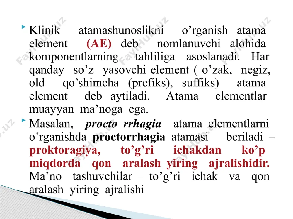 r-, atheroscler-,avitamin-, myc-, candid-, cirrh-) 4) –iasis (lith-, cholelith-, psor-, elephant- ) berilgan ae lardan atamalar yasang va ma’nosini tushuntiring: abscessus, us m abssess acutus, a, um o’tkir benignus, a, um xavfsiz cancer, cri m saraton caries, ei f karies colica, ae,f sanchiq coma, atis n behush holat cysta, ae f pufak, kista diabetes, ae, f diabet diabeticus, a, um diabetga oid diffuses, a, um tarqalish eczema, atis n chilla yara fractura, ae, f sinish gangraena, ae, f qorason gangraenosus, a, um gangrenali glaucoma, atis n glaukoma hernia, ae, f churra hernialis, e churraga oid icterus, i, m sariqlik ileus, i m ichak tutilishi infantilis, e bolalarga xos infectio, onis f infeksiya infectiosus, a, um yuqumli inflammatio, onis f yalig’lanish juvenilis, e o’spirinlarga xos malignus, a, um xavfli morbus, i, m kasallik oedema, atis, n shish paralysis, is f falaj, shal paralyticus, a, um shallikka oid paresis, is, f parez …