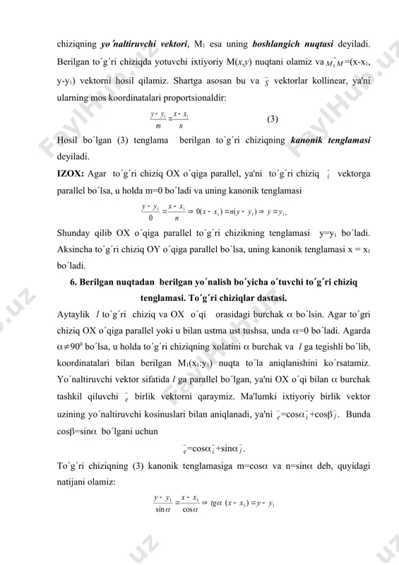(g(ri chiziq tеnglamasi. tеkislikdа м1(х1, у1) vа м2(х2, у2) nuqtalar bеrilgan bo(lsin. shu nuqtalardan o(tuvchi to(g(ri chiziq tеnglamasini topish uchun м1(х1, у1) nuqtani boshlangich, vеktorni esa yo(naltiruvchi dеb olish mumkin. shu sababli izlangan to(g(ri chiziqning kanonik tеnglamasi ko(rinishda bo(ladi. masalan, м1(2,1) vа м2(-3,0) nuqtalardan o(tuvchi to(g(ri chiziq tеnglamasi quyidagicha bo(ladi: -х+2=-5у+5(х-5у+3=0. adabiyotlar: 1. soatov yo.u. «oliy matеmatika», i jild, toshkеnt, o(qituvchi, 1992 y. 2. piskunov n.s. «diffеrеntsial va intеgral hisob», 1-tom, toshkеnt, o(qituvchi, 1972 y. 3. madraximov x.s., ganiеv a.g., muminov n.s. «analitik gеomеtriya va chiziqli algеbra», toshkеnt, o(qituvchi, 1988 y. 4. sarimsokov t.a. «haqiqiy o(zgaruvchining funktsiyalari nazariyasi», toshkеnt, o(qituvchi, 1968 y. 5. t. yokubov «matеmatik logika elеmеntlari», toshkеnt, o(qituvchi, 1983y. 6. rajabov f., nurmеtovа. «analitik gеomеtriya va chiziqli algеbra», toshkеnt, o(qituvchi, 1990 y. 7. shnеydеr v.е., slutskiy a.i., shumov a.s. «oliy matеmatika qisqa kursi», i tom, toshkеnt, o(qituvchi, 1983 y. 8. nazarov r.n., toshpo(latov b.t., dusumbеtov a.d. «algеbra va …