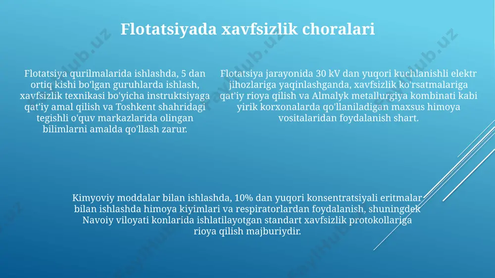 n bo'ladi. bu esa, o'pka hajmining 5-7% o'zgarishi bilan ta'minlanadi. suv yuzasida suzish, archimedes qonuniga ko'ra, suvning zichligi (taxminan 1000 kg/m³) suzuvchi jismning zichligidan yuqori bo'lganda yuzaga keladi. masalan, dengiz suvi ko'l suvidan biroz zichroq bo'lgani uchun, o'rta dengizda suzish biroz osonroq. mineral flotasiyasi jahon boʻyicha flotasiya texnologiyalari yillik 20 milliard tonnadan ortiq ruda konlarini qayta ishlashda qoʻllaniladi va bu texnologiya yordamida turli xil metallarning, shu jumladan temirning, 85% ga yaqinini ajratib olish mumkin. mineral flotasiyasi jarayonida, masalan, oʻzbekistonning olmaliq konida, mis sulfidlarini 90% dan ortiq samaradorlik bilan ajratib olish uchun, kollektorlar va reaktivlarning maʼlum nisbatdagi qoʻllanilishi muhim ahamiyat kasb etadi. qirgʻizistondagi oltin konlarida flotasiya usuli yordamida oltinni ajratib olishda, taxminan 10-15 mikronli zarrachalarni qayta ishlashda, flokulantlarning qoʻllanilishi zarur boʻlib, bu jarayonning samaradorligini oshiradi. kimyoviy flotasiya kimyoviy flotasiya jarayoni, jahon miqyosida 2000 dan ortiq konlarda, jumladan, oʻzbekistonning muruntov konida qoʻllanilib, yillik 150 ming tonnadan ortiq mis konsentratini olishga yordam beradi. …