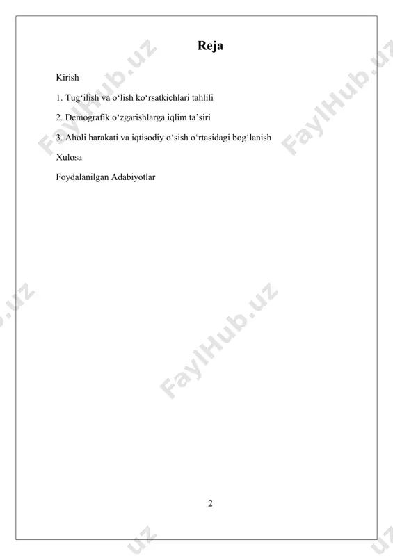 rdan qanchasi qanchalik uzoq umr ko'rishini ko'rsatadi. aholining tabiiy harakati statistikalarini o'rganish bir necha muhim sabablarga ko'ra muhimdir. bu hukumatlar va tashkilotlarga aholi salomatligini baholash, demografik o'zgarishlar tendensiyalarini aniqlash va kelajakdagi xizmatlar va infratuzilmalarga bo'lgan ehtiyojlarni oldindan aytish imkonini beradi. masalan, tug'ilish koeffitsientidagi o'zgarishlar jamiyat normalari yoki iqtisodiy sharoitlarning o'zgarishini ko'rsatishi mumkin, o'lim koeffitsientining oshishi esa jamoat salomatligi inqirozlarini anglatishi mumkin, bu esa tezkor choralarni talab qiladi. hozirgi tadqiqotlar aholi tabiiy harakatiga turli omillar ta'sirini o'rganishga qaratilgan. bu omillar orasida iqtisodiy sharoitlar, sog'liqni saqlashga kirish imkoniyati va ijtimoiy siyosatlar mavjud. bmt va boshqa akademik muassasalar bilan bog'liq yetakchi tadqiqotchilar iqlim o'zgarishi va globalizatsiya ta'sirida migratsiya tendensiyalari va tug'ilish/o'lim koeffitsientlarining qanday o'zgarishiga e'tibor qaratmoqdalar. yaqin kelajakda katta ma'lumotlar va mashinani o'rganish orqali aholi dinamikasini tahlil qilish tendensiyasi kuchaymoqda, bu esa ilgari aniqlash qiyin bo'lgan tendensiyalarni ochishga yordam bermoqda. biroq, aholi tabiiy harakat statistikasi sohasida bir necha muammolar mavjud. ma'lumotlarni to'plash siyosiy …