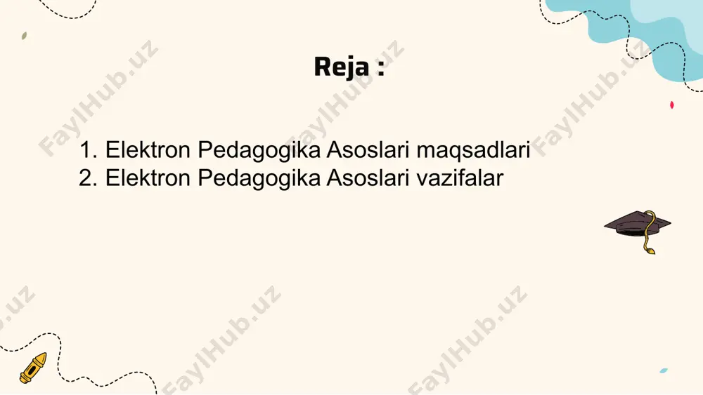 sh va muammolarni hal qilish ko'nikmalarini rivojlantirishga intiladi. texnologiyani darslarga integratsiyalashgan holda, talabalar ma'lumotlarni tahlil qilish, baholash va sintez qilishni talab qiladigan faoliyat bilan shug'ullanishlari mumkin. shuningdek, ular murakkab muammolarni hal qilish va real muammolar haqida tanqidiy fikr yuritish uchun turli raqamli vositalardan foydalanishlari mumkin. nihoyat, elektron pedagogika asoslari talabalarni raqamli asrga tayyorlash va ularni raqamli savodxonlik bo'yicha zarur ko'nikmalar bilan jihozlashga qaratilgan. zamonaviy jamiyatda texnologiya hamma joyda mavjud va elektron qurilmalardan foydalanish va raqamli platformalarda navigatsiya qilish muvaffaqiyat uchun juda muhimdir. o‘quv dasturiga elektron pedagogikani kiritish orqali o‘qituvchilar o‘quvchilar nafaqat iste’molchi, balki raqamli kontent yaratuvchisi ham bo‘lishini ta’minlashi mumkin. xulosa qilib aytganda, “elektron pedagogika asoslari”ning maqsadlari talabalarning faolligini oshirish, o‘rganish tajribasini shaxsiylashtirish, hamkorlikni rivojlantirish, tanqidiy fikrlash ko‘nikmalarini rivojlantirish va raqamli savodxonlikni targ‘ib qilishdan iborat. o‘qituvchilar texnologiya kuchidan foydalangan holda o‘quvchilarni zamonaviy dunyo muammolariga tayyorlaydigan innovatsion va samarali o‘qitish va ta’lim muhitini yaratishi mumkin. elektron pedagogika asoslari taʼlimda elektron qurilmalar …