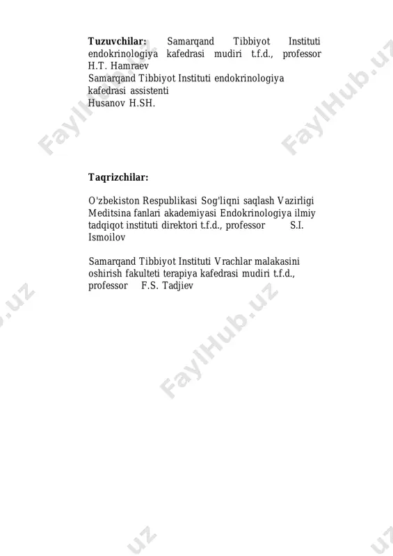 asosan vazopressin, paraventrikulyar xujayralar yadrosida esa asetilholin ishlab chiqariladi. bu gormonlar neyrogormonlar deyiladi va asosiy qismi neyrogipofizga qo'yiladi. gipotalamusning gipofizotrop soxasi gipofizning oldingi bo'lagidan ishlab chiqariladigan hamma gormonlar sekresiyasini boshqarib boruvchi relizing faktorlar ishlab chiqaradi. ichki sekretor bezlar ikki guruhga bo'linadi:l) aralash bezlarga- ichki va tashqariga sekresiya qiluvchi jinsiy bezlar, oshqozon osti bezi va 2) faqat ichkariga sekresiya qiluvchi bezlarga - gipofiz, qalqonsimon, qolqonsimon oldi bezlari, buyrak usti bezi va epifiz bezlari kiradi. keyingi yillarda organizmda qator organlar buyrak, yurak, markaziy nerv sistemasilari ham endokrin bezlar funksiyasini bajarishini mualliflar tomonidan ko'rsatib kelinmoqda. buyrakning yukstaglamerulyar to'qimalari qonga renin degan gormon ishlab chiqaradi. 5 gipotalamus. ichki sekretor bezlar va ularning gormonlari. (jadval 1.) gipotalamus. ichki sekretor bezlar gormonlari gormonning himiyaviy tabiyati gipotalamus relizing faktorlar polipeptidlar gipofiz, oldingi bo'lagi adrenokortikotrop, somatotrop, laktotrop oqsil gipofiz, oldingi bo'lagi tirotrop, follikullo stimullovchi, lyuteinlovchi glikoproteidlar gipofiz oraliq qismi melanositstimullovchi polepeptid oldingi gipotalamus antidiuretik, vazopressin, oksitosin polipeptid qalqonsimon …
