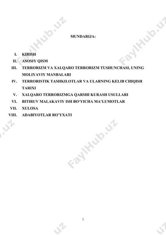 qodi mustahkam, ota-bobolarimizdan meros bolib kelayotgan ezgu qadriyatlarga sadoqatli bo‘lgan insongina bunday yutuqlarga uchmasligi, to‘g‘ri yo‘ldan adashmasligi mumkin. buning uchun, albatta, birinchi navbatda farzandlarimizni yuksak bilim va ma’naviy fazilatlar bilan qurollantirishimiz lozim. ularga biz uchun muqaddas bo‘lgan islom dinining chinakam insoniy mohiyatini, uning tinchlik, yaxshilik, mehr-shafqat, hamjihatlik dini ekanini to‘g‘ri tushuntirib berishimiz kerak. bizga yot va begona bo‘lgan turli zararli oqimlardan himoyalanish uchun odamlarga bu boradagi bor haqiqatni yetkazish zarur. ta‘bir joiz bo‘lsa, bunday xavf-xatarlardan odamlarni, avvalambor, yosh avlodni haqiqat bilan himoya qilish kerak», deya alohida ta’kidlaganlar. bugungi kunda terrorizm xalqaro miqyosda eng dolzarb va og‘riqli muammolardan biriga aylanib ulgurdi desak mubolag‘a bo‘lmaydi. zero, bu muammo insonlarning farovon turmushini buzayotgani, davlatning suvereniteti va hududiy yaxlitligiga jiddiy xavf keltirayotganiga also ko‘z yumib bo‘lmaydi. asosiy qism: terrorizm va xalqaro terrorizm tushunchasi, uning moliyaviy manbalari terrorizm tushunchasi. terrorizm — jamiyatda beqarorlik keltirib chiqarish, aholining keng qatlamlarida vahima va qo‘rquv uyg‘otishga qaratilgan siyosiy kurashning …