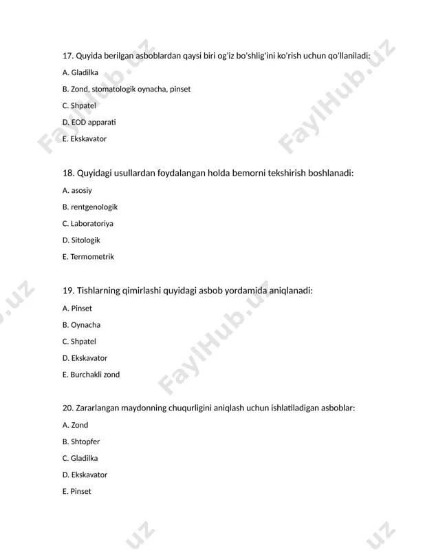 a 55. yuqori kpv indeksli bolalarda qanday tish pastalari tavsiya etiladi? a. gigiyenik b. davolovchi gigiyenik c. davolovchi -profilaktik yallig'lanishga qarshi d. davolovchi e. to'g'ri javob yo'q 56. bemorning kariyes, plombalangan va olingan tishlar yig'indisi bu: a. kariyes plombalangan tishlar va olingan tishlar yig'indisini tekshirilayotgan tishlar soniga nisbati b. to'g'ri javob yoq c. kariyes jadalligi d. kariyes plombalangan va olingan tishlar yig'indisini bemor yoshiga nisbati e. guruhdagi bemorlarning kariyes plombalangan va olingan tishlar yig'indisini o'rtacha ko'rsatgichi 57. kariyes jadalligi ko'rsatgichi 12 yosh bolalarda 4,5-6,5 teng. bu qaysi darajaga kiradi? a. yuqori b. past c. cpitn d. o'rta e. juda past 58. kariyes tarqalish ko'rsatgichi 31-80% ga teng. bu qaysi darajaga kiradi? a. to'g'ri javob yo'q b. qoniqarsiz c. o'rta d. yomon e. yaxshi 59. sinfda tekshirilgan bolalarning 40 tasidan 15 kishida kariyes aniqlandi. kariyesning tarqalish darajasi nechaga teng? a. 80% b. 70 % c. 37,5 % d. 10% e. 50% …