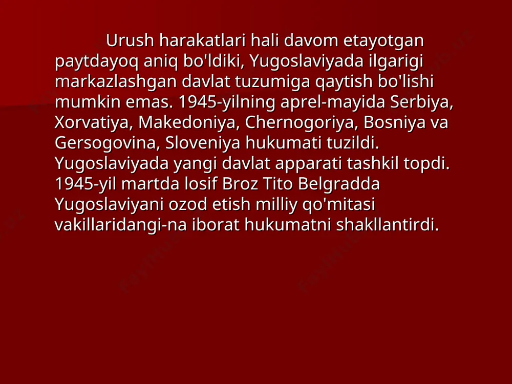 b say-landi. 1956-yil oktabrda vengerlar g'alayoni ko'tarildi. xalq inqilobi tufayli saylangan yangi rahbar imre nadem sovet qo'sbinlarining vengriyadan olib chiqib ketilishinitalab qilib chiqdi. 3—4-noyabrda sovet tank-lari budapeshtga kirib keldi va g'alayonni bostirdi. hokimiyat tepasiga yanosh kadar rahbarligidagi hukumat keldi. 1968-yili chexoslovakiya kommunistik par-tiyasi xuddi shunday sovetlarning totalitar rejimi halqasini uzishga urinib ko'rdi. bu mashhur "praga bahori" edi 80-yillarda sssrda boshlangan iqtisodiy va siyosiy tanglik sotsialistik lagerdagi ahvolni og'irlashtirib qo'ydi. 1981-yildan sssr sanoat ishlab chiqarishi pasaya boshladi. shu yili birinchi marta butun iqtisod past ko'rsatkichlarga ega sharqiy yevropadagi boshqa mamlakatlar — chexoslovakiya, yugoslaviya, polsha, bolgariya, albaniya, vengriyada — sotsializmni tugatishjarayoni nisbatan yengil kechdi. bu mamlakatlar ichida turmush tarzi yaxshiroq hisoblangan chexoslovakiya ikkita — chexiya va slovakiya davlatlariga bo'linib ketdi. yugoslaviyada esa serb va xorvatlar, nasroniylar va musulmonlar o'rtasida eski adovat avj oldi. bolgariyada sobiq diktator t jivkov davlat jinoyatchisi sifatida jazoga tortildi, antiturk millatchiligi kuchaydi. polshada an'anaviy antirus, vengriyada ruminlarga qarshi …