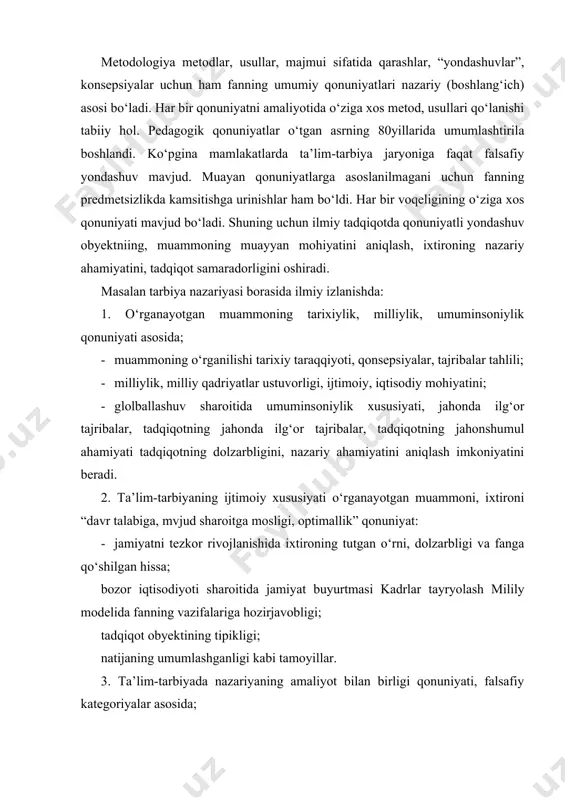 kategoriyalar asosida; · tadqiqotning nazariy g‘oyalarni amalda qo‘llanishi, amaliyot asosida nazariy konsepsiyalar yaratilishi; · amaliyot har qanday bilim, g‘oya va ixtironing mezoni ekanligi; · tadqiqot ishining bilish nazariyasiga asoslanishi; · insonda, uzluksiz ta’lim-tarbiyada tajribaning murakkabligi, mas’uliyatliligi, mukammal nazariyaga tayanishi; 4. ta’lim-tarbiya va rivojlanishning o‘zaro bog‘liqligi qonuniyati, insonni bir butunlikda o‘rganishni taqozo etadi. qolaversa, ta’lim-tarbiya uyg‘unligi haqidagi islom karimov ta’limoti jahonshumul ahamiyatga ega bo‘lgani xxi asrning ma’naviya asriga aylangani; -«ta’limni-tarbiyadan, tarbiyani esa ta’limdan ajratib bo‘lmaydi, bu sharqona qarash, sharqona hayot falsafasidir». (i.karimov). -ta’lim jarayonida rivojlanishni jismoniy, ma’naviy va intellektual o‘sishiga erishish; -tarbiyaga kompleks munosabat; - shaxsga yo‘naltirilgan ta’lim konsepsiyasi; 5. ta’lim-tarbiyaning o‘quvchi talaba, layoqati imkoniyatiga mosligi qonuniyati pedagogik jarayonni insonparvarlashtirish va demokratiklashtirish, indivuduallashtirish va tabaqalashtirish tamoyillaridan kelib chiqadi. · ushbu qonuniyat shaxsga yo‘naltirilgan ta’lim-tarbiya, komponentli ta’lim, progmatik ta’lim, antrogogika kabi ta’lim paradigmalarni umumlashtiradi; · iqtidorli yoshlarni izchil rivojlantirish, qobiliyatini o‘stirish zarurati: · globallashuv sharoitida yoshlarni har tomonlama kamol toptirish; · maxsus …