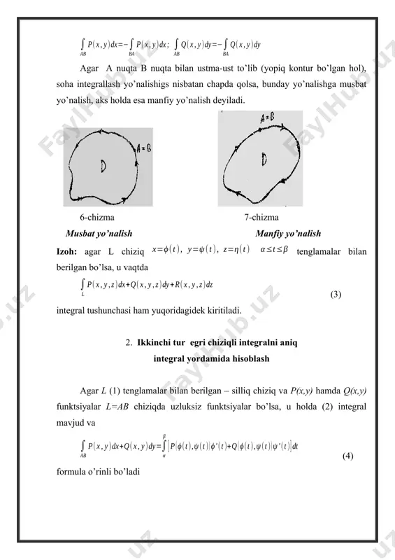 garuvchi x, +1 dan -1 gacha o’zgaradi va uning uchun 3-misol. tenglama bilan berilgan l- chiziq bo’yicha olingan integralni hisoblang. berilgan tenglama bilan aylana aniqlanadi, uning parametrik tenglamalari ko’rinishga ega. integralni (4) formula yordamida hisoblaylik. bo’lgani uchun 4-misol. tenglamalar bilan berilgan l-chiziq bo’yicha. integralni o’sish yo’nalishi bo’yicha hisoblang. berilgan integralni (4) formula yordamida hisoblaylik, bo’lgani uchun 5-misol sferani i oktantda joylashgan qismi chegarasi bo’lgan l yopiq chiziq bo’yicha olingan integralni hisoblang. oxy tekislikda yo’nalish a(i; 0; 0) nuqtadan b (0; i; 0) nuqtaga qarabdir. bo’lib, chiziqlar mos ravishda oxy, oyz va oxz tekisliklarda yotuvchi birlik aylana bo’laklaridir. shuning uchun i=i1+i2+i3 deb olsak, u vaqtda bo’ladi. 11-chizma i1 integralni hisoblashda ni oxy tekislikda yotishini hisobga olsak, z=0 va dz=0 bo’ladi hamda bo’ladi. chiziq bo’lib, uning parametrik tenglamalari esa ko’rinishga ega. demak (4) formulaga asosan bu yerda geometrik jihatdan ekanini hisobga oldik. i2 va i3 integrallar ham shunga o’xshash hisoblanadi va bo’ladi …