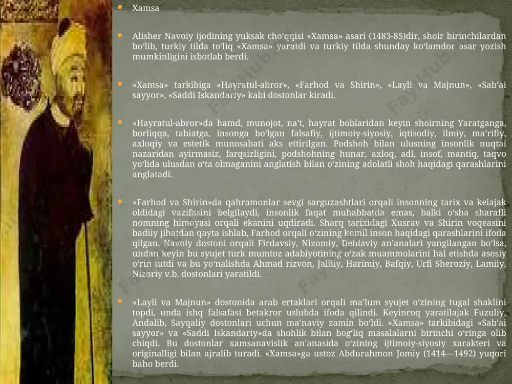 shlarini, inson, tabiat va hayot haqidagi fikrlarini qushlar tili va sarguzashtlari orqali bayon qilgan. oʻzbekiston mustaqillikka erishganidan soʻng navoiy asarlarini diniy va soʻfiylik jihatidan oʻrganish kengaydi, ular ob’ektiv va ilmiy bahosini olmoqda. «arbain», «munojot» kabi asarlari chop etildi. jomiyning «nafahotul-uns min hazarotil-quds» tazkirasini tarjima qilib va toʻldirib, soʻz yuritilgan 618ta shayxlar sonini 770 taga yetkazdi. nasriy asarlari navoiy merosining salmoqli qismi nasriy asarlardan iborat. ular ijtimoiy-siyosiy, axloqiy-taʼlimiy va ilmiy-falsafiy yoʻnalishdadir. «mahbubul-qulub»(1500-01) navoiyning soʻnggi yirik asari boʻlib, unda ulugʻ mutafakkir adibning hayoti davomidagi kuzatishlari, toʻplagan boy tajribasi oʻz yuqori darajasida aksini topgan. uch qismdan iborat bu asarda «soriun-nosning af'ol va ahvolining kayfiyati» (1), axloqiy muammolar (2), «mutafarriqa favoyid va amsol surati» (3) masalalari ifodalangan. «xamsatul-mutahayyirin»(«besh hayrat»,1494) asarida ustozi va doʻsti abdurahmon jomiy, uning hayoti lavhalari, tariqati, yozishmalari, asarlari haqida hayratomuz hikoyalar keltiriladi. «holoti sayyid hasan ardasher» (1488-89), «holoti rahlavon muhammad»(1493) asarlari manoqib-holot yoʻnalishida boʻlib, ularda shoirga ustozlik qilgan buyuk shaxslar hayoti, …