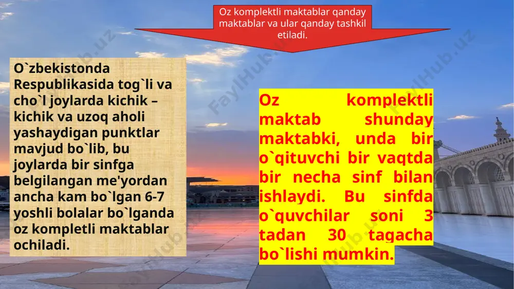 bilan izoqlab bering .boshqa usullar bilan yechib, yechimni tekshiring. a)ishni mustaqil bajarishda o`quvchilarga yordam berishda kartochkalardan foydalanish kerak. b)sinf o`quvchilari individual topshiriqni bajarishda tayyorlaydi: a) o`quvchilar masala yechayotganda qisqa yozuvni bajaradi. b) masalani yechayotgan o`quvchi yechimni boshqa varaqqa yozadi. v)tarqatma material hosil qilishda o`quvchilar tuzgan misollardan ham foydalanish mumkin. dars ishlanmasi va mashqlar to`plamini tuzish to`g`ri tuzilgan dars jadvali o`quv – tarbiya ishi uchun optimal sharoit yaratishda katta ahamiyatga ega. ilg`or o`qituvchilar tajribalari shuni ko`rsatadiki, hamma sinflarda bir vaqtda matematika darsi bo`ladigan qilib tuzilgan dars jadvali maqsadga muvofiq bo`lar ekan; bu boshqacha jadval tuzishni istisno qilmaydi. keyingi vaqtlarda hamma boshlang`ich sinflar predmetlarini ikki guruhga bo`lish ko`p uchramoqda. bunda predmetlar guruhlarga kiritish uchun shu predmetlarning mustaqil ish uchun imkoniyatlari mezoni bo`lib hisoblanadi. e’tiboringiz uchun raxmat! image3.png image4.png image2.png image5.png image6.png image7.jpeg image8.png image9.png image10.png image11.png image12.png image13.png image14.png image15.png image16.jpeg image17.png image18.png image19.png image20.png image1.png