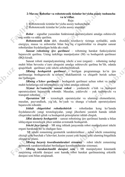 robotlar va robototexnik tizimlar bo‘yicha asosiy tushuncha va ta’riflar — DOCX