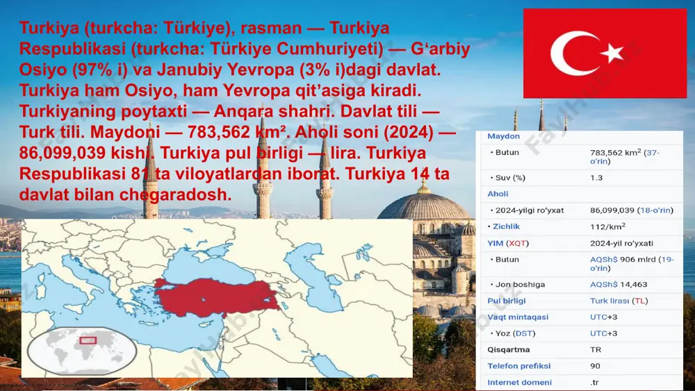 tifoqi va buyuk britaniyaga eksport qilinadi. export hajmi 2023-yilda turkiyadan eksport qilingan qishloq xo‘jaligi mahsulotlarining umumiy qiymati 35,16 milliard aqsh dollarini tashkil etdi. eksport qilinadigan qishloq xo’jaligi mahsulotlari turlari orasida don, dukkakli ekinlar, moyli urug’lar va mahsulotlar eng yuqori eksport qiymatiga ega bo’lib, qariyb 12,4 milliard aqsh dollarini tashkil etdi. turkiya yevropa ittifoqining (yevropa ittifoqi) to’rtinchi yirik sabzavot va yettinchi yirik meva yetkazib beruvchi. export qilinadigan davlatlar import hajmi turkiya yirik oziq-ovqat ishlab chiqaruvchisi bo’lishiga qaramay, bug’doy importchisi bo’lib, uning asosiy qismi rossiya va ukrainadan keladi.2021-yilda turkiya oziq-ovqat mahsulotlarini import qiluvchi yetakchi davlatlar qatoriga rossiya federatsiyasi, aqsh, argentina, niderlandiya va germaniya kiradi. turkiyaga import qilinadigan asosiy qishloq xoʻjaligi mahsulotlari qoramol, bugʻdoy, soya, makkajoʻxori, tamaki va kungaboqar hisoblanadi. qishloq xo’jaligidagi muammolari turkiya qishloq xo‘jaligi suv tanqisligidan tortib tuproq eroziyasigacha bo‘lgan ko‘plab muammolarga duch kelmoqda. bu muammolar sanoat barqarorligiga tahdid soladi va innovatsion yechimlarni talab qiladi. asosiy muammolardan biri kimyoviy o'g'itlar va …