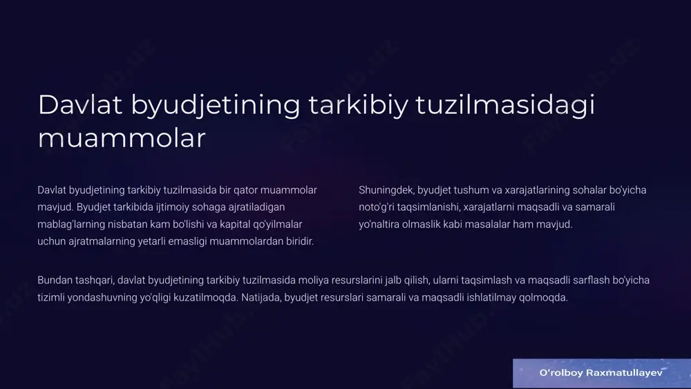 lishini ta'minlash davlat byudjetining samarali ishlashini ta'minlaydi. 6 byudjent mablag'larining maqsadli va shart-sharoitli yo'naltirilib sarflanishini ta'minlash maqsadli moliyalashtirish byudjent mablag'laridan samarali foydalanish uchun ularni maqsadli va shart-sharoitli yo'naltirish muhim. bu esa davlat dasturlari, investitsiya loyihalarini maqsadli moliyalashtirishni, texnik-iqtisodiy asoslantirish asosida mablag'larni ajratishni taqozo etadi. tejamlililik chora-tadbirlari byudjet loyihasini tayyorlash jarayonida har bir xarajat moddasi bo'yicha reja-grafik va tejamkorlik chora-tadbirlarini ishlab chiqish zarur. tizimli monitoring va nazorat byudjetning ijro etilishi ustidan tizimli monitoring va nazoratni amalga oshirish, byudjet mablag'laridan maqsadli va samarali foydalanishni ta'minlash muhim. 7 byudjet tizimining moliya-iqtisodiy samaradorligini baholash byudjet tizimining moliya-iqtisodiy samaradorligini baholash uchun bir qator mezonlar va indikatorlarni qo'llash lozim. ular orasida byudjet tushum va xarajatlarining yillar kesimidagi dinamikasi, xarajatlarning maqsadli yo'naltirilganligi, budjet mablag'laridan foydalanish samaradorligi, davlat dasturlari ijrosining natijadorligi va boshqalar mavjud. bundan tashqari, byudjet infratuzilmasi, moliyaviy menejment tizimi, byudjet jarayonlarining shaffoflik darajasi kabi parametrlar ham hisobga olinishi kerak. byudjet samaradorligini baholash uchun xalqaro standartlar va …