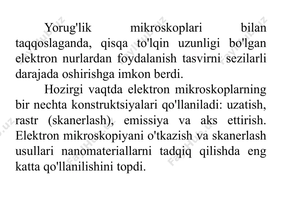 arning energiya yo'qotish spektri asosida yorug'lik elementlarini (bor, uglerod, kislorod, azot) tahlilini o'z ichiga olgan materialning mahalliy kimyoviy tahlilini o'tkazishga imkon beradi. o'rganilmoqda. bilvosita usul materialning o'zini emas, balki namuna yuzasidan olingan nozik replikalarni o'rganish bilan bog'liq. uslubiy nuqtai nazardan, bu eng oddiy, chunki folga ishlab chiqarish murakkab va juda uzoq jarayon. replikatsiya qilish ancha oson. u vakuumda uglerod, kvarts, titan yoki boshqa moddalar plyonkasining namuna yuzasiga cho'ktirish orqali amalga oshiriladi. o'rganilayotgan sirtda suyuqlik shaklida yotqizilgan polimer yoki lak plyonkalari ko'rinishidagi replikatsiyalardan foydalanish yanada istiqbolli hisoblanadi. bilvosita usul qimmat yuqori voltli mikroskoplarni talab qilmaydi. biroq, bilvosita usul aniqlik jihatidan to'g'ridan-to'g'ri usuldan sezilarli darajada past. bundan tashqari, replikaning o'zini ishlab chiqarish jarayonida turli xil buzilishlar paydo bo'lishi mumkin. shuning uchun bu usul hozirda kamdan-kam qo'llaniladi. ba'zan geterofazali qotishmalarni o'rganishda yarim to'g'ridan-to'g'ri usul qo'llaniladi. bunda asosiy faza (matritsa) replikalar (bilvosita usul), matritsadan replikaga olingan zarrachalar esa bevosita usulda o‘rganiladi. usul, ayniqsa, kichik …