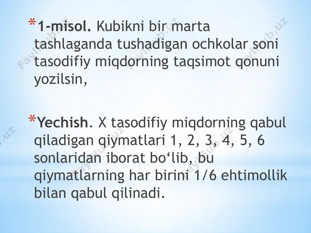 nining taqsimot qonunini toping 1.4.3. guldondagi 5 ta atirguldan 2 tasi oq. bir vaqtda olingan 2 ta gulda oq gul bo'lishi sonining taqsimot qonunini toping. 1.4.4. qutidagi 7 ta sharning 4 tasi oq. qutidan ketma-ket birinchi shar oq chiqqanicha shar olinadi. sharlar olinishi sonining taqsimot qonuni toping. 1.4.5. 6 ta detal solingan qutida 4 ta standart detal bor. tavakkaliga 3 ta detal olingan. olingan detallar orasidagi standart detallar sonidan iborat tasodifiy miqdorning taqsimot funksiyasini toping 14-amaliy mashg‘ulot mavzu. diskret tasodifiy miqdorning sonli xarakteristikalari: 1. matematik kutilish m(x); 2. dispersiya d(x); 3. o‘rtacha kvadratik chetlanish σ(x) matematik kutilish m(k) … … 2.dispersiya d(x) d(x)=m d(x)+m()- 3. o’rtacha kvadratik chetlashish g(x) 1-misol. x dtm ushbu qonun bilan berilgan. quyidagilarni topish talab etiladi: 1. m(x) = ? 2. d(x) = ? 3. g(x) = ? 1 2 3 4 5 6 1/6 1/6 1/6 1/6 1/6 1/6 yechish: m(x)= (1+2+3+4+5+6)= =3,5 m()= , …