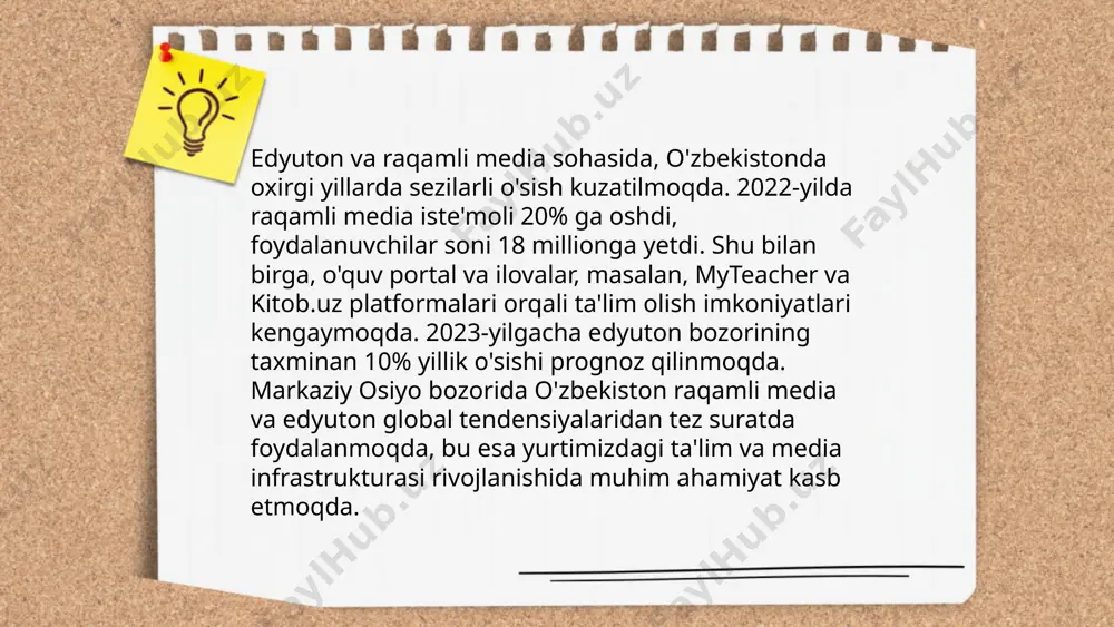 igini oshirishni maqsad qiladi. statistik ma'lumotlarga ko'ra, gamifikatsiya qilinadigan darslarda ishtirok etgan talabalarning 67% o'zlashtirish darajasi yuqorilagan. ta'limda gamifikatsiya 45% o'quvchining motivatsiyasini oshiradi va 30% ga qiziqishini kuchaytiradi. bugungi kunda, universitetlarning 53% ta'lim dasturlarida gamifikatsiya elementlarini joriy etgan. o'qituvchilarning 60% gamifikatsiya orqali o'quvchilarining faoliyatini nazorat qilish qulayligini his qilishgan. shu yo'l bilan ta'lim muassasalari faoliyati samaradorligini 25% oshirdi. ... t.me/slaydai_bot 10. edyuton va interaktiv ta'lim texnologiyalari edyuton va interaktiv ta'lim texnologiyalari o'quv jarayonini samaraliroq qilishga qaratilgan. 2020-yilda dunyoda qariyb 1.6 milliard talaba raqamli ta'lim platformalaridan foydalangan. ushbu texnologiyalar o'qitish jarayonini shaxsga moslashtirish va interaktivlikni oshirish imkonini beradi. masalan, edapp yoki kahoot kabi ilovalar yordamida o'qituvchilar darslarni qiziqarli va interaktiv qilishlari mumkin. 2022-yilda interaktiv ta'lim texnologiyalari bozori qiymati 5.2 milliard dollarni tashkil qildi va 2027-yilgacha bu raqam 12.1 milliard dollarga yetishi kutilmoqda. bu texnologiyalar ta'limda yanada keng qo'llanilib, samaradorlikni oshirmoqda. ... t.me/slaydai_bot media savodxonligi va edyuton mavzusi axborot asrida juda muhim …