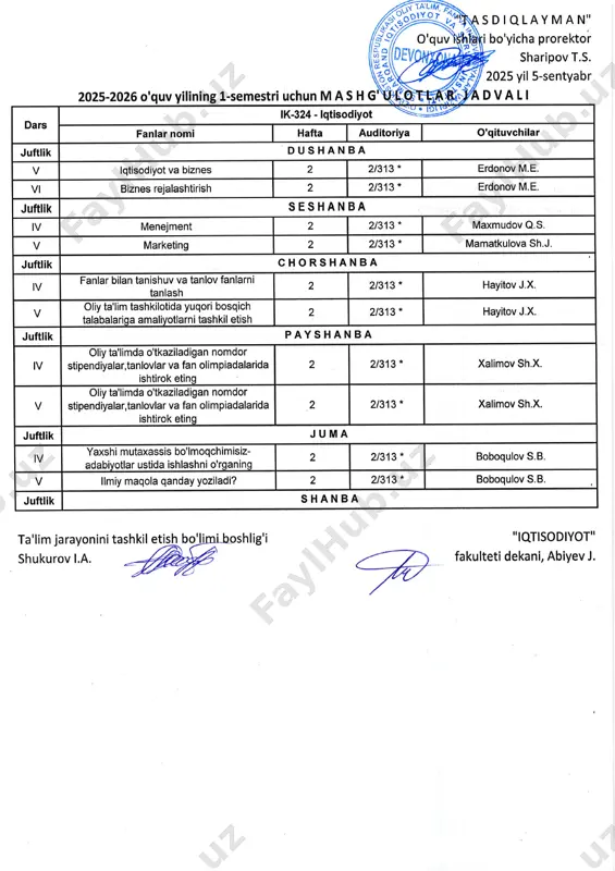 limpiadalarida ishtirok etino 2 21313* xalimov sh.x. juftlik juma lv yaxshi mutaxassis bo'lmoqchimisiz- adabiyotlar ustida ishlashni о'rgапiпq 2 21313 * boboqulov s.b. v llmiy maqola qanday yozi|adi? 2 21313* boboqulov s.b. juftlik shanba ta'lim jarayonini shukurov l.a. "lqt!sodlyot,! fakulteti dekani, abiyev j. ffi l'tasdlqlayman" fu)1 ,i bo'yicha рrоrеktоr v sharipov t.s. izozsyil s-sentyabr dvallkotlab 2025-2026 о' "tasdlqlayman" phlari bo'yicha рrоrеktоr w sharipov t.s. '/i 2025 yil s-sentyabr 'l/tдovall dаrs l к-524 - l qti" ос ryýrýffin/ fanlar nomi hafta ячаь\iёý |r o'qituvchilar juftlik dushanba v lqtisodiyot va biznes 2 21313 - erdonov м.е. vl biznes rejalashtirish 2 21313 * erdonov м.е. juftlik seshanba lv menejment 2 21313 * maxmudov q.s. v marketing 2 21313 * mamatkulova sh.j. juftlik chorshanba lv fапlаr bilan tanishuv va tanlov fапlаrпi tanlash 2 21313 * hayitov j.x. v oliy ta'lim tashkilotida учqоri bosqich talabalariga аmаliуоtlагпi tashkil etish 2 21313 * hayitov j.x. juftlik раys han …