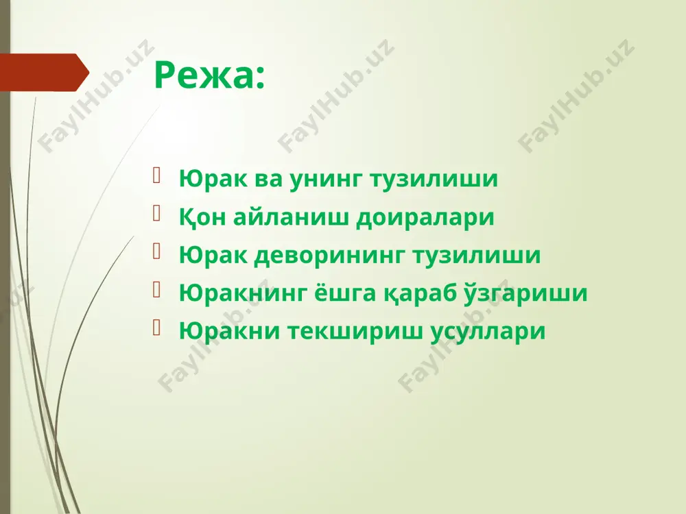 i bilan uning yirik qon tomirlari soyasi o'rtasidagi chegara yurak-tomir siluetining eng toraygan qismiga to'g'ri kelib, yurak beli deb ataladi. yurak joylashishining 3ta asosiy: qiya, ko'ndalang va vertikal shakllari uchraydi kukrak kafasining yamri yurakning rentgen anatomiyasi yurakning rentgen anatomiyasi foydalanilgan adabiyotlar: biofizika_muallif bazarbaev.m.i tibbiy va biologik fizika_muallif remizov.a.n hamda http://www.myshared.ru/ http://odam8.narod.ru/ https://uz.wikipedia.org/ veb saytlari yurak miokardi miokardning tuzilishi e'tiboringiz uchun raxmat! image1.png image2.png image3.png image4.png image5.png image6.png image7.png image8.png image9.png image10.jpeg image11.jpeg image12.jpeg image13.png image14.png image15.png image16.png image17.png /docprops/thumbnail.jpeg