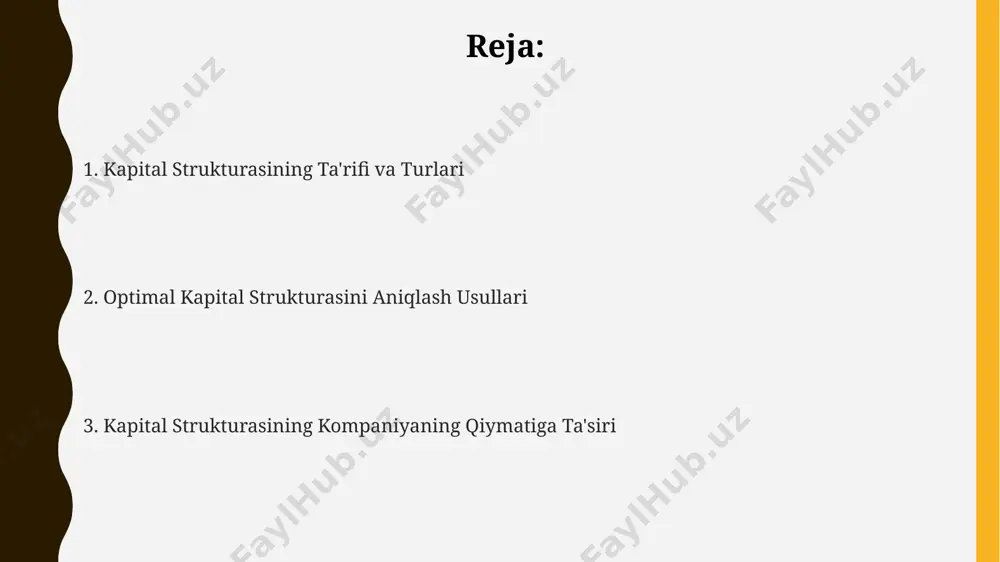 asini baholash mumkin. bankrotlik ehtimoli modellaridan, masalan, altman z-ball modeli yordamida, 5 ta moliyaviy ko'rsatkich asosida (jumladan, aktiv aylanmasi), o'zbekiston korxonalarining bankrotlik xavfini va shunga mos ravishda optimal kapital tuzilmasini baholash mumkin. dupont modeli yordamida, aktivlarning rentabelligini (roa) va o'z kapitalining rentabelligini (roe) tahlil qilish orqali, aqsh kompaniyalarining 10 yillik ma'lumotlariga asoslanib, optimal kapital tuzilmasini aniqlash mumkin. kapital tuzilmasining turlari aqshdagi yirik korporatsiyalar kapital tuzilmasida o'rtacha 40% o'z kapitali va 60% qarz mablag'lari ulushi kuzatiladi, bu esa moliyaviy riskni yuqori darajada oshiradi. germaniyada joylashgan "volkswagen" kompaniyasi kabi yirik sanoat gigantlari, 30% o'z kapitali va 70% qarz mablag'lari ulushi bilan murakkab kapital tuzilmasiga ega. o'zbekistondagi kichik va o'rta biznes korxonalarining 70% dan ortig'i, moliyaviy hisobotlarga ko'ra, asosan, qarz mablag'lari orqali, ya'ni yuqori darajadagi moliyaviy qattiqlik bilan ishlaydi. bankrotlik xavfi va kapital tuzilmasi tadqiqotlar shuni ko'rsatadiki, kapital tuzilmasida 40% dan ortiq qarz mablag'larining ulushi bo'lgan kompaniyalar, masalan, xitoyning ba'zi sanoat korxonalari, bankrotlik …