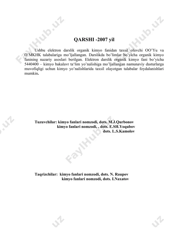 dan mustasno), ko’pchilik anorganik moddalar esa yonmaydi. 3. ko’pchilik organik moddalar tashqi ta‘sir, masalan, qizdirish yoki mineral kislotalar ta‘siri natijasida o’zgaradi va parchalanadi. organik moddalarning ko’pchiligi 5000 s gacha xaroratda suyuqlanadi, anorganik moddalar esa juda yuqori xaroratda suyuqlanadi. 4. organik birikmalar ko’pchilik anorganik birikmalardan ionlarga dissotsilanmasligi bilan farqlanadi, chunki ularni tashkil etgan atomlar o’zaro kovalent bog’langan bo’ladi. 5. organik birikmalarning atomlari o’zaro kovalent bog’langanligi tufayli reaktsiya sekin boradi va olinishi kerak bo’lgan modda oz miqdorda hosil bo’ladi. anorganik birikmalarda, odatda, reaktsiya tez boradi va kutilgan moddalar to’liq hosil bo’ladi. organik birikmalarda izomeriya hodisasi mavjud. tarkibi va molekulyar og’irligi bir xil bo’lib, fizik va kimyoviy xossalari jixatidan o’zaro farq qiladigan moddalar izomer moddalar, ya‘ni “izomerlar” deyiladi (izomeriya xodisasi xix asrning birinchi choragidan beri ma‘lum). bu xodisaning sabablarini dastlab ulug’ rus olimi a.m.butlerov aniqlagan. organik kimyo fani organik moddalar kishilarga juda qadimdan ma‘lum bo’lgan. ular qadim zamondan beri shakar va moy olishni, …