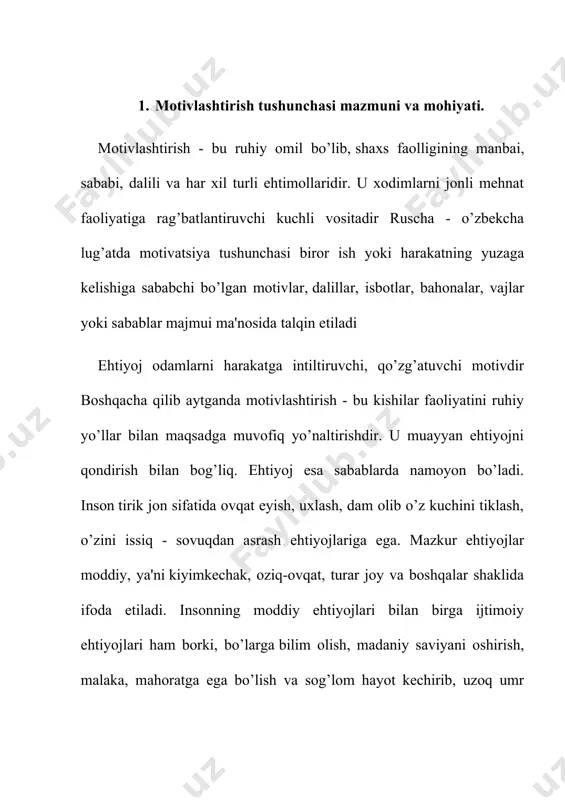 millari ijobiy tomonga ishlaydi. o‘zgalarga qanday yondoshilgan bo‘lsa, unga ham xuddi shunday yondoshilsa, bu holda xodim kuchiga kuch qo‘shib, mehnat qiladi. motivlashtirishda x (iks) va y (igrek) nazariyalari ham alohida o‘rinni tutadi. bu nazariyalarning muallifi amerikalik ruhshunos d.mak gregor bo‘lib, u boshqaruvchi va xodimlarning mehnatga bo‘lgan munosabatini ifodalaydi. x (iks) nazariyasi bo‘yicha ishchilar ishlashni xohlamaydi, javobgarlikdan qochadi, ular tabiatan yalqov, ishyoqmas bo‘ladilar. shu bois ularni doimo turtib, majburlab, nazorat qilib, jazo bilan qo‘rqitib turish kerak. shundagina ular korxona uchun yaxshi ishlaydilar. y (igrek) nazariyasida kishilarga ishonib, qobiliyatlarini rivojlantirib, ular o‘zlarining foydaliligi va muhimliklarini his qilishsa, ishdan qoniqish hosil qilishsa, shundagina korxonaga katta foyda keltirish mumkin deyiladi. bu nazariya xodimning o‘z mehnatidan qoniqish hosil qilishiga hamkorlik ko‘rsatuvchi: · xizmatlarning tan olinishi; · xizmatdagi o‘sishi; · malakasining oshishi; · mas’uliyatning yuqoriligi kabi omillarni motivatsiyaga da’vat etuvchi omillar deb talqin qiladi. bu nazariyaga binoan boshqaruvchi ko‘rsatma beribgina qolmay, har bir kishining qobiliyatini ishga …
