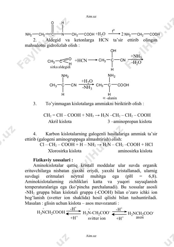 h izoleysin ch2(oh) –ch(nh2) - cooh serin ch3 – ch(oh) – ch(nh2) - cooh treonin ch2(sh) –ch(nh2) - cooh sistein hooc–ch(nh2)–ch2–s–s–ch2– ch(nh2)-cooh sistin ch2(sch3) – ch2 - ch(nh2) - cooh metionin alifatik monoaminodikarbon kislotalari va ularning monoamidlari hooc – ch2 – ch(nh2) – cooh asparagin kislota h2n(o)c – ch2 – ch(nh2) - cooh asparagin hooc – (ch2)2 – ch(nh2) – cooh glitamin kislota h2n(o)c – (ch2)2 – ch(nh2) - cooh glutamin alifatik diaminokarbon kislotalar h2n – (ch2)4 – ch(nh2) - cooh lizin h2n –c(=nh)-nh-(ch2)3-ch(nh2) –cooh arginin aromatik aminokislotalar c6h5 – ch – ch(nh2) – cooh fenilalanin ho – c6h4 – ch2 – ch(nh2) – cooh tirozin geterosiklik amonokislotalar prolin gidroksiprolin triptofan tistidin oqsillar bo’linadilar; proteinlarga-oddiy oqsillar faqat aminokislotalarning qoldiqlaridan tuzilgan; protedlar-murakkab oqsillar, aminokislotalarning qoldiqlaridan va prostetik gruppalar deb nomlanadigan har xil aminokislota harakteriga ega bo’lmagan gruppalar (polisaxaridlarning qoldiqlari,ortofosfat kislota va hk) lardan tuzilgan. oqsillarning tarkibi,tuzilishi va biologik ahamiyati. yuqorida ko’rsatganimizdek …