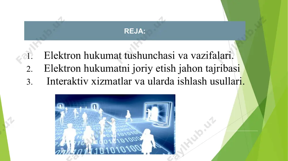 bosh vaziri respublika komissiyasi * elektron hukumat sohasi rivojini tartibga soluvchi me’yoriy huquqiy hujjatlar o‘zbekiston respublikasi qonunlari “davlat hokimiyati va boshqaruvi organlarining faoliyatining ochiqligi to‘g‘risida” / 2014 yil 5 may/ “jismoniy va yuridik shaxslar murojaatlari to‘g‘risida” /2014 yil 3 dekabr/ “elektron tijorat to‘g‘risida” qonunining yangi tahriri /2015 yil 23 may/ "elektron hukumat to‘g‘risida" /2015 yil 9 dekabr/ o'zbekiston respublikasi prezidenti qarorlari va farmonlari: -o’zbekiston respublikasi prezidentining “o’zbekiston respublikasi axborot texnologiyalari va kommunikatsiyalarini rivojlantirish vazirligini tashkil etish to’g’risida”gi 2015-yil 4-fevraldagi pf-4702-son farmoni; o‘zbekiston respublikasi prezidentining “o‘zbekiston respublikasi axborot texnologiyalari va kommunikatsiyalarini rivojlantirish vazirligining faoliyatini tashkil etish to‘g‘risida”gi 2015 yil 4-fevraldagi pf-2293-son farmoni; - o‘zbekiston respublikasi vazirlar mahkamasining “davlat elektron xizmatlari ko‘rsatish sifatini baholash metodikasini tasdiqlash to‘g‘risida” gi 2016-yil 20-oktabrdagi № 353-son qarori; - o‘zbekiston respublikasi vazirlar mahkamasining “elektron hukumatning idoralararo ma’lumotlar uzatish tarmog‘ini tashkil etish chora-tadbirlari to‘g‘risida” gi 2016-yil 12-avgustdagi № 262-son qarori; -o‘zbekiston respublikasi yagona interaktiv davlat xizmatlari portali orqali …