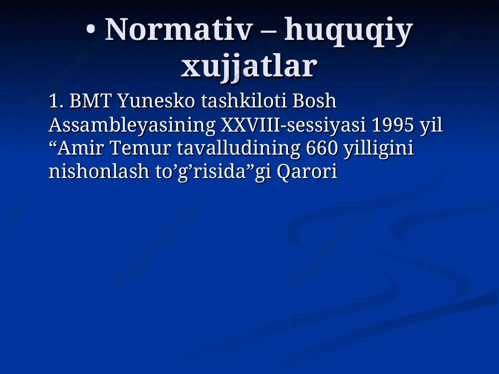 ir go’zal bog’ni ko’rdi. bu qa’la va bo’g amir temur avlodla- ri ijodi ekanligini, bu ishlarning bosh tashab- buskori amir temur ekanligi bilan birinchi bor mag’rurlangan edi. “oqsoq darvesh ” qariyib bir yarim asr muqaddam vengriyalik xerman vamberi movarounnahrda bo’lib o’zining “buxoro yoxud movarounnahr tarixi” asarini yaratdi. vamberi amir temurga shunday haqqoniy baho bergan edi: “temurni chingizxon bilan bir qatorga qo’yib uni yovuz, o’zboshimcha, mustabid hokim deb atovchilar- ning fikrlari ikki tomonlama hatodir. u avvalo o’zining g’olibona qurolini zamonasining odatiga ko’ra ishga solgan osiyolik hokim edi. uning dushmanlari ta’kidlagan qabih ishlari va vayronagarchiliklari esa biror jinoyat uchun olingan o’ch edi holos. tog’ri, bu o’ch juda qattiq, lekin shu bilan birga adolatli edi.” vamberi “oqsoq darvesh”qiyofasida asl ota yurtlari eski turkiston bo’lgan mojorlar tarixini o’rganish uchun yurtimizga kelgan edi. go’ri amir maqbarasi go’ri amir maqbarasining ichki ko’rinishi go’ri amir maqbarasida amir temur, uning o’g’illari shohruh mirzo, mironshoh mirzo, nabiralari muhammad sulton, …