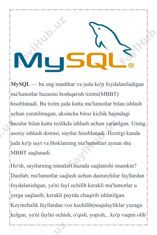 . bu degani baza jadvallar, jadvallar esa ustunlardan tashkil topgandir. mysql mbbti 2 xil turdagi litsenziyaga ega. birinchisi tekin, ya'ni mysqlni ko'chirib olish va ishlatish hech qanday harajat talab qilmaydi va gpl(gnu public licenseb, gnu) litsenziyasiga asoslanadi. ikkinchi turi, gpl shartiga ko'ra, agar siz mysql kodlarini biror dasturingizda ishlatsangiz, bu dasturingiz ham gpl(tekin) bo'lishi kerak. bu esa dasturchiga to'g'ri kelmaydi. shuning uchun, bu dasturingizni pullik qilishingiz uchun mysql pullik litsenziyasini sotib olishingiz kerak. mysql logotipi delfin hisoblanadi. bu delfinni ismi «sakila»dir. bu logotipni opensource tuzuvchilaridan biri ambrose twebaze ga tegishlidir. mysql juda ko'p operatsion tizimlar bilan ishlay oladi. bularni yozadigan bo'lsam: aix, bsdi, freebsd, hp-ux, linux, mac os x, netbsd, openbsd, os/2 warp, sgi irix, solaris, sunos, unixware, windows 95, windows 98, windows nt, windows 2000, windows xp, windows server 2000, windows vista, windows 7,… mysql shved korxonasi mysql ab ga tegishli bo'lgan, keyinchalik sun firmasi mysql ni o'ziniki qilib …