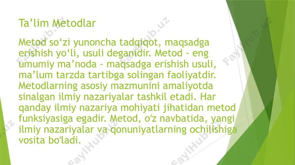 vositalari ta’lim vositasini tanlab olish ta’lim metodini tanlash bilan bog‘liq. agar ta’limning faol metodi(kitob bilan ishlash, mashqlar) foydalanilsa, u holda o‘quv qo‘llanmalari, darsliklar va ta’limning texnik vositalaridan foydalaniladi. aynan ta’limning aktiv-texnik vositalari amaliy metodlarda foydalaniladi. ta’lim vositalari tasnifi aniq va yagona bo‘lishi mumkin emas. ta’lim vositasining ahamiyatli tomoni ularning birgalikda qo‘llanilishidir va hech qachon bir-birini inkor etmaydi. q‘qituvchining vazifasi - dars jarayonini faollishtirish uchun ta’limning samarali vositasini tanlab olishdir. ta’lim vositalarini tasniflashda turli asoslarga ko‘ra yondashish mumkin: ta’lim vositalari faoliyat subyektiga ko‘ra; faoliyat obyektiga ko‘ra; o‘quv axborotiga munosabatiga ko‘ra; o‘quv jarayonidagi vazifasiga ko‘ra. ta’lim metodining o‘qituvchi tomonidan to‘g‘ri tanlanishi, dars jarayonida turli vositalar yordamida mavzuning tushuntirilishi ta’lim sifatining oshishiga yordam beradi. yuqorida ko‘p bora ta’kidlab o‘tilganidek, ta’lim metodlarini malakali o‘qituvchining usuli bilan birlashishi natijasida fanning va o‘rganilayotgan mavzuning mazmuni va o‘ziga xosliklari to‘liq ochib beriladi. /docprops/thumbnail.jpeg