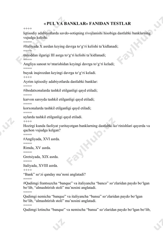 ? ==== #ularning bajaradigan operatsiyalarini zarurligi va turlari hamda xo‘jalik yurituvchi subyektlar va aholining ularga bo‘lgan ehtiyojida. ==== aholining ishonchi va xo‘jalik yurituvchi subyektlarning ishonchsizlik bildirishida. ==== bajaradigan funksiyalari va aholining ularga bo‘lgan ehtiyojida ==== muomalaga pul chiqarishi va to‘lov aylanmasini tashkil etishda. ++++ baklarning o‘ziga xos xususiyatlari nimalarda namoyon bo‘ladi? ==== #ularning xo‘jalik yurituvchi subyektlar, aholi va davlat tashkilotlari o‘rtasida amalga oshiriladigan hisob – kitoblarni tashkil etishi va ularning ustidan tegishli nazorat ishlarini amalga oshirish hisoblanadi. ==== tijorat faoliyati va moliyaviy muassasaligida. ==== korxona va tashkilotlarga moliyaviy yordam berishida, shuningdek, turli komission operatsiyalarni amalga oshirishida ==== vakillik hisobvaraqlari mavjudligi, aholiga va korxonalarga naqd pullarni yetkazib berishi va muomaladagi naqd pullarni qaytarib olishida. ++++ mulkiy jihatdan banklar tasniflanishi qanday javobda to‘liq va to‘g‘ri keltirilgan? ==== #davlat banki, aksiyadorlik banki, kooperativ bank, xususiy va xorijiy kapital ishtirokidagi qo‘shma bank. ==== davlat banki, kooperativ bank, xususiy va xorijiy kapital ishtirokida qo‘shma bank. …