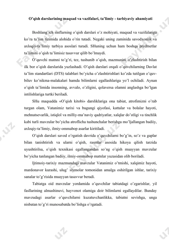 ngan badiiy, ilmiy-ommabop matnlar yuzasidan olib boriladi. ijtimoiy-tarixiy mazmundagi mavzular vatanimiz o’tmishi, xalqimiz hayoti, mardonavor kurashi, ulug’ siymolar tomonidan amalga oshirilgan ishlar, tarixiy sanalar to’g’risida muayyan tasavvur beradi. tabiatga oid mavzular yordamida o’quvchilar tabiatdagi o’zgarishlar, yil fasllarining almashinuvi, hayvonot olamiga doir bilimlarni egallaydilar. bunday mavzudagi asarlar o’quvchilarni kuzatuvchanlikka, tabiatni sevishga, unga nisbatan to’g’ri munosabatda bo’lishga o’rgatadi. umuman, «o’qish kitobi» darsliklaridagi barcha mavzular o’quvchilarga ta’lim-tarbiya berish bilan birga, ularning lug’atini boyitishga, og’zaki va yozma nutqini to’g’ri shakllantirish va nutq madaniyatini o’stirishga ham qaratiladi. amaldagi «o’qish kitobi» darsliklarida materiallarning sinfdan sinfga o’tgan sari mavzu jihatidan ham, mazmun jihatidan ham kengaya borishi hisobga olingan. masalan, 1-sinfda o’rgatiladigan «ajdodlarimiz-faxrimiz», «ilm-aql chirog’i», «zumrad bahor», «kumush qish» kabi mavzular 2-4-sinflarda ham davom ettirilgan. bu esa o’quvchilarning oldingi bilimlari to’ldiradi va boyitadi. darsliklardagi har bir mavzu uchun tanlangan matnlarning janriy rang-barangligiga, poetik mukammalligiga, o’quvchilarning bilim darajasi va yosh xususiyatlariga mos kelishiga alohida e’tibor qaratiladi. o’quvchilar darsliklar yordamida …