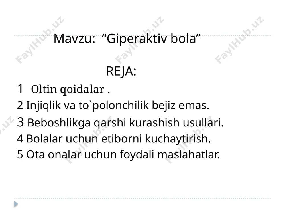 lan, likopchada qancha bo`tqa qolganini sanangda, o`yin natijasida uning qolgan qismi yeyilganiligi bilinmay qoladi. shu orqali farzandingizni qorni to`yadi va siz hotirjam bo`lasiz. shu kabi o`yinlar orqali bolangizni to`g`ri yo`lga boshlang va o`zingiz ham asabiylashishdan qutiling. bola injiq va qaysar bo`lsa nima qilish kerak? bolaga to`g`ri-noto`g`ri,yaxshi-yomonni tushuntirish ota-onalarning eng birinchi vazifasidir. shuning uchun ham farzandingizning huda-behudaga janjal qilib, injiqlik bola bo`lishga yo`l qo`ymaslik lozim. uni ortiqch erkalatib yubormagan holda, yaxshi ko`rishingizni ham bildirib turing.beo`xshov harakatlari juda ko`p, jaxildor, yig`loqi, ota-onasining gapiga kirmaydigan,o`z bilganidan qolmaydigan, parishonxotir, aka-ukalari va o`z tengdoshlari bilan chiqisha olmaydigan,o`jar va qaysar bolalarda uchraydigan simptomlar majmuasiga giperdinamik sindrom deb ataladi. beboshlikga sabab bo`lgan sindromlar shuningdek ushbu sindro turli xil nomlar bilan ataladi: “gipper aktiv sindrom” , “miyaning minimal difunksiyasi” ,“giperkinetik sindrom” va h.k. menimcha bu sindromga yana bir nom berish lozim, ya`ni “bebosh bola” sindromi. “bebosh bola” sindromining sabablari nima? “bebosh bola” sindromining shakllanishida ijtimoiy omillar, ya`ni oilaviy …