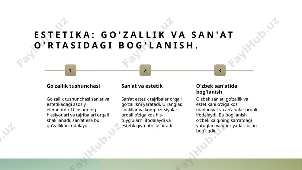 . 2 zamonaviy tafakkur - zamonaviy o'zbekiston san'ati an'anaviy uslublarni yangicha talqin etadi. san'atkorlar global tendentsiyalarni o'zlarining ijodida birlashtirib, yangi shakllar yaratmoqdalar. 3 madaniyatlar o'zaro ta'siri - o'zbek san'atida an'anaviy va zamonaviy elementlar o'zaro ta'sir qiladi. bu, san'atning boyligini oshirib, xalqaro maydonda tanilishiga yordam beradi. o'zbekistonning folklor san'ati: tarix va madaniy ahamiyati. folklor san'ati tarixi o'zbekiston folklor san'ati qadimiy davrlardan boshlab, xalq an'analarini va madaniyatini saqlashda muhim rol o'ynagan. u xalq hikoyalarini, qo'shiqlarni va raqslarni o'z ichiga oladi. folklor unsurlari o'zbek folklor san'atida og'zaki an'analar, qo'shiqlar, hikoyalar va xalq raqslari muhim o'rin tutadi. bu unsurlar xalqning madaniy merosini ifodalaydi. folklor va identitet folklor san'ati o'zbek xalqining identitetini shakllantiradi. u xalqning tarixiy, madaniy va milliy qadriyatlarini aks ettiradi, birlashuv va birlikni ta'minlaydi. madaniy ahamiyat o'zbekiston folklor san'ati madaniyatni boyitadi va saqlaydi. u nafaqat estetik qiymatga ega, balki ijtimoiy va tarbiyaviy ahamiyatga ham ega. badiiy meros: o'zbekistonning arxitektura va tasviriy san'atdagi yutuqlari. …