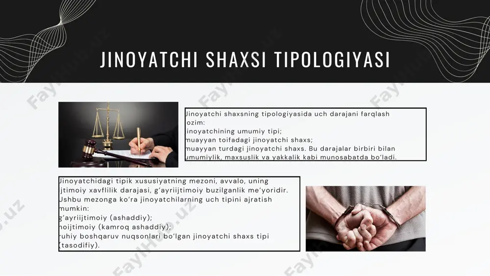 bezorilar; b) ashaddiy bezorilar; v) haqorat va tuhmat orqali shaxsning sha’ni va qadr qimmatiga ziyon yetkazuvchi shaxslar; g) shaxsga qarshi tajovuzkorona zo’ravonlik harakatlari – qotillik, nomusga tegish, badanga og’ir shikast yetkazish jinoyatlarini sodir etuvchi shaxslar. o’z navbatida, shuni ta’kidlash lozimki , yuridik psixo logiyaning alohida bo’ l imida ehtiyotsiz l ik oqibatida sodir eti lgan j inoyatchi l ikning psixologik j ihatlar i ko’r ib chiqi ladi , bunda maishiy va kasbiy ehtiyotsiz l ik tadqiq eti ladi . texnikaning jadal r ivoj lanishi va hayotning tur l i sohalar iga kuchl i energetik manbalarning kir ib borishi bi lan ehtiyotsiz l ik orqasida sodir eti ladigan j inoyatlarning i jt imoiy xavfi keskin oshganl igini ko’r ish mumkin. shu sababl i bunday j inoyatlarning psixologik mexanizmini ochib berish muhim vazifa bo’ l ib , ehtiyotsiz xatt i-harakatlarni shaxsning individual xususiyatlar i bi lan bog’ lashga imkon beradi . customers …